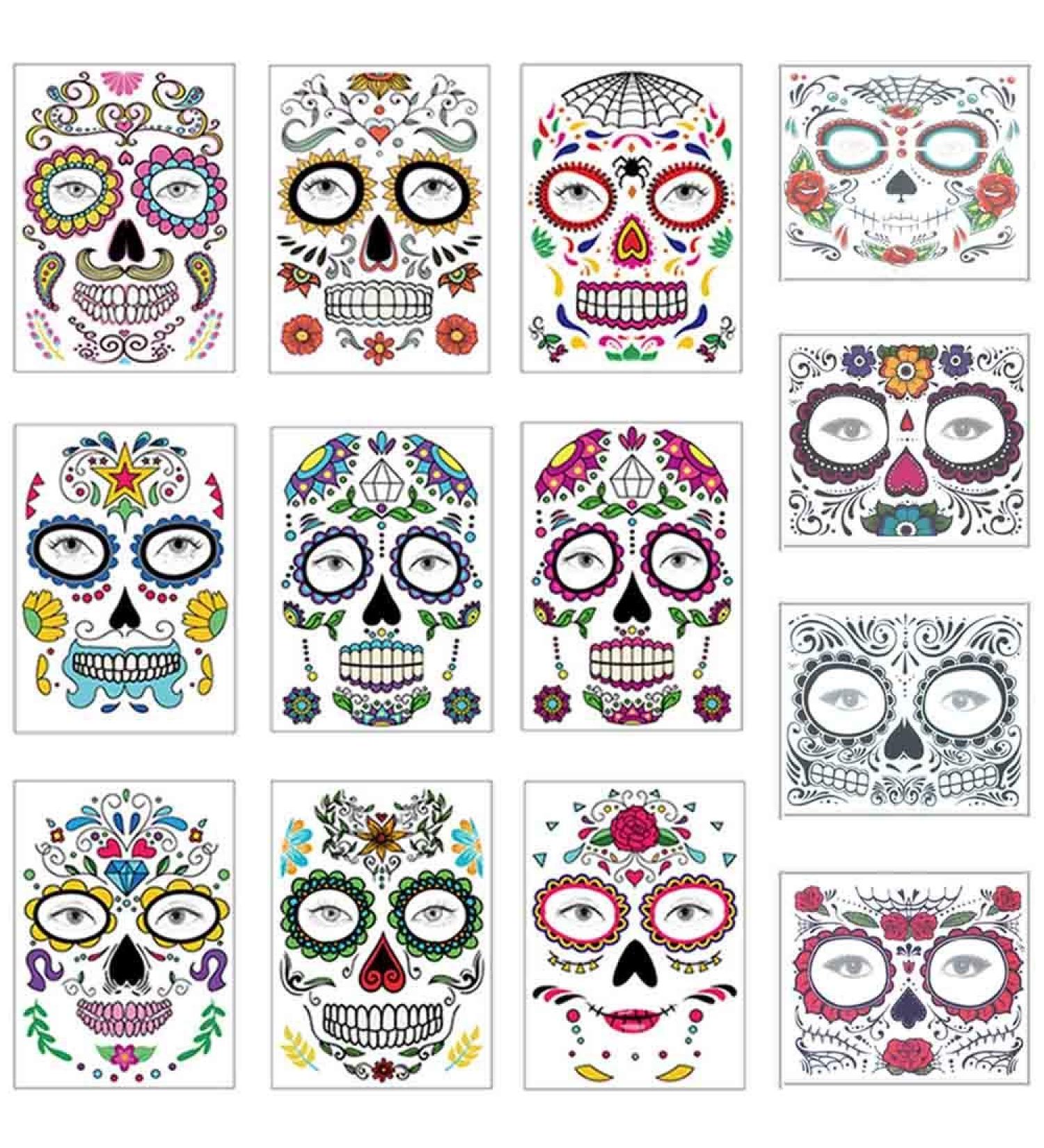 COKOHAPPY Halloween Face Tattoos Makeup Kit - 13 Pack of Day of the Dead Sugar Skull & Floral Skeleton Designs for Families - Buy Online on GoSupps.com