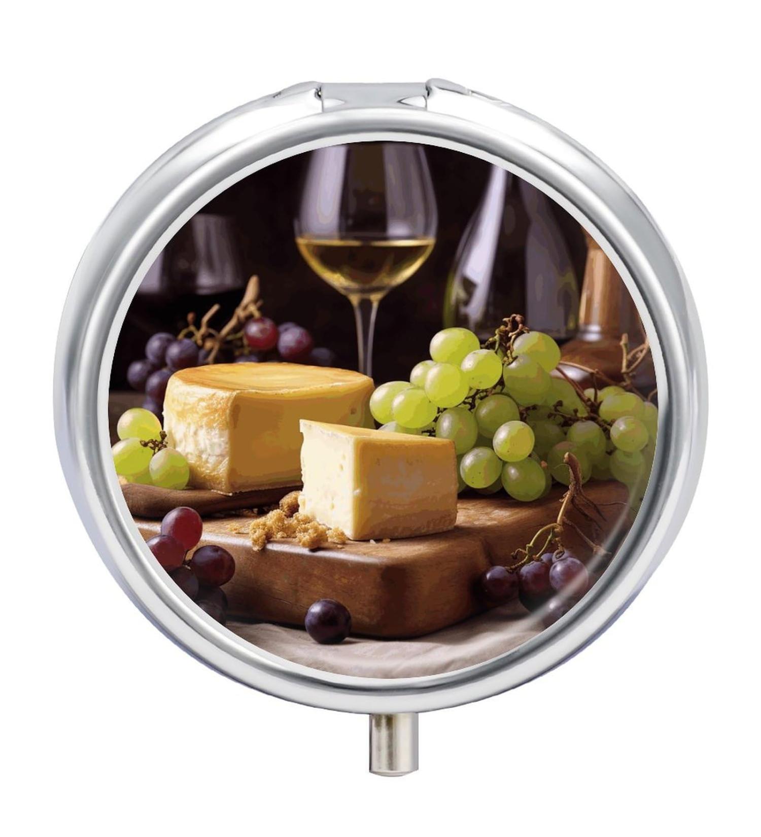 Portable Round Pill Box - Decorative 3 Compartment Organizer with White Wine Cheese Cake Grapes Print - Stylish Metal Pocket Pill Case - Buy Online on GoSupps.com