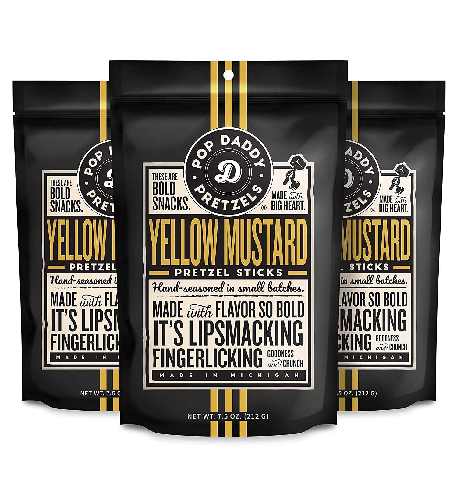 Pop Daddy Yellow Mustard Gourmet Pretzel Sticks 3-Pack - Bold & Healthy Flavored Snack (7.5oz) - Buy Online on GoSupps.com