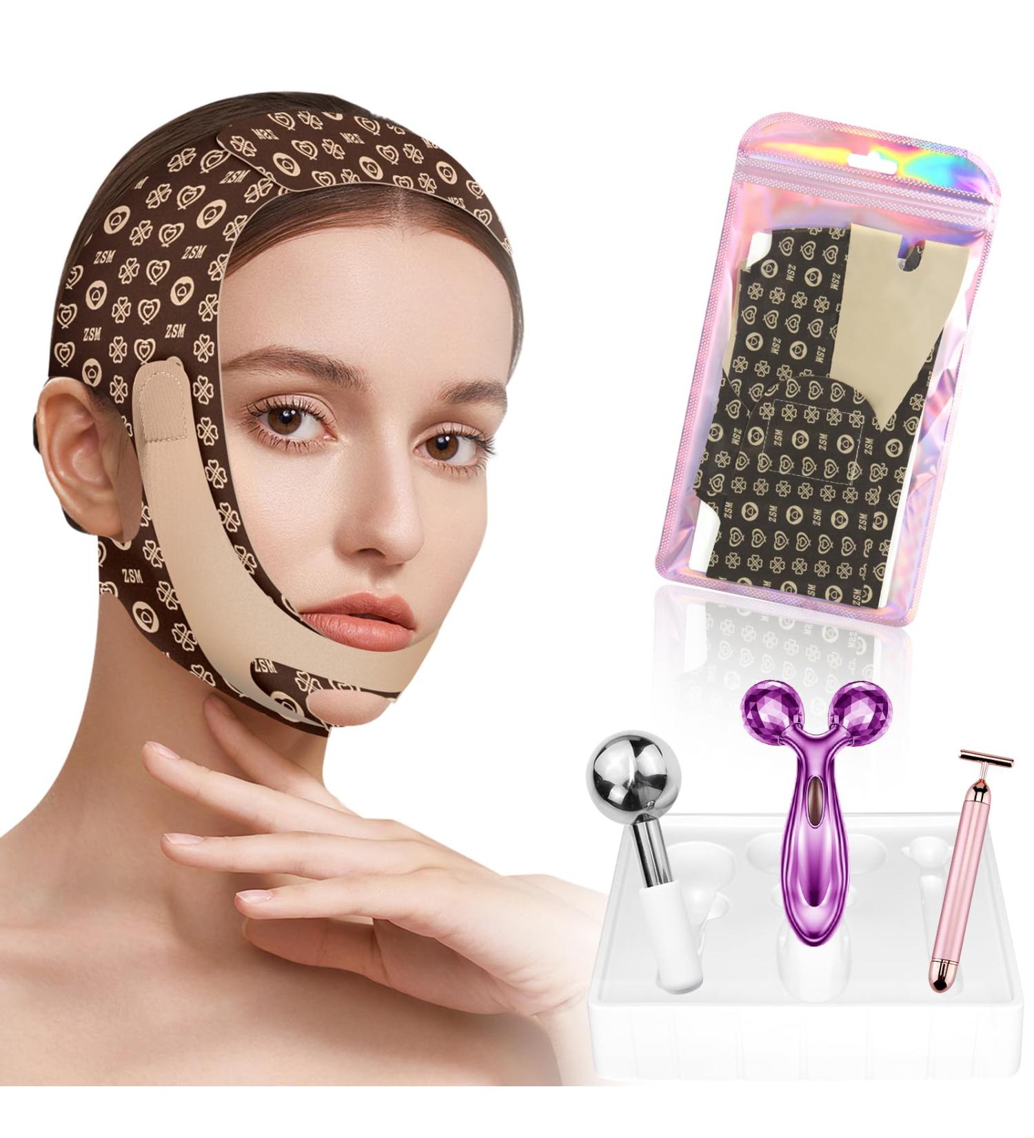 4 in 1 V-Line Beauty Set | Reusable V-Line Mask & Chin Strap | Ice Globes & Face Roller | Double Fixed Face Wrap | No Side Effects - Buy Online on GoSupps.com