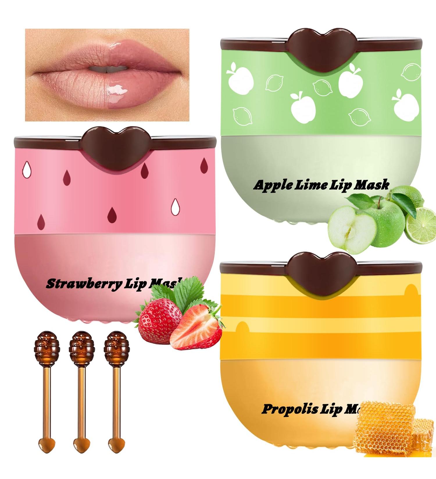 3Pcs Lip Balm Honey Pot with Stick Honey Strawberry Apple Moisturizing and Hydrating Sleeping Lip Mask Day and Night Repair and Care Improve Lip Color Reduce Lip Lines (SET A) Apple Strawberry Honey - Buy Online on GoSupps.com