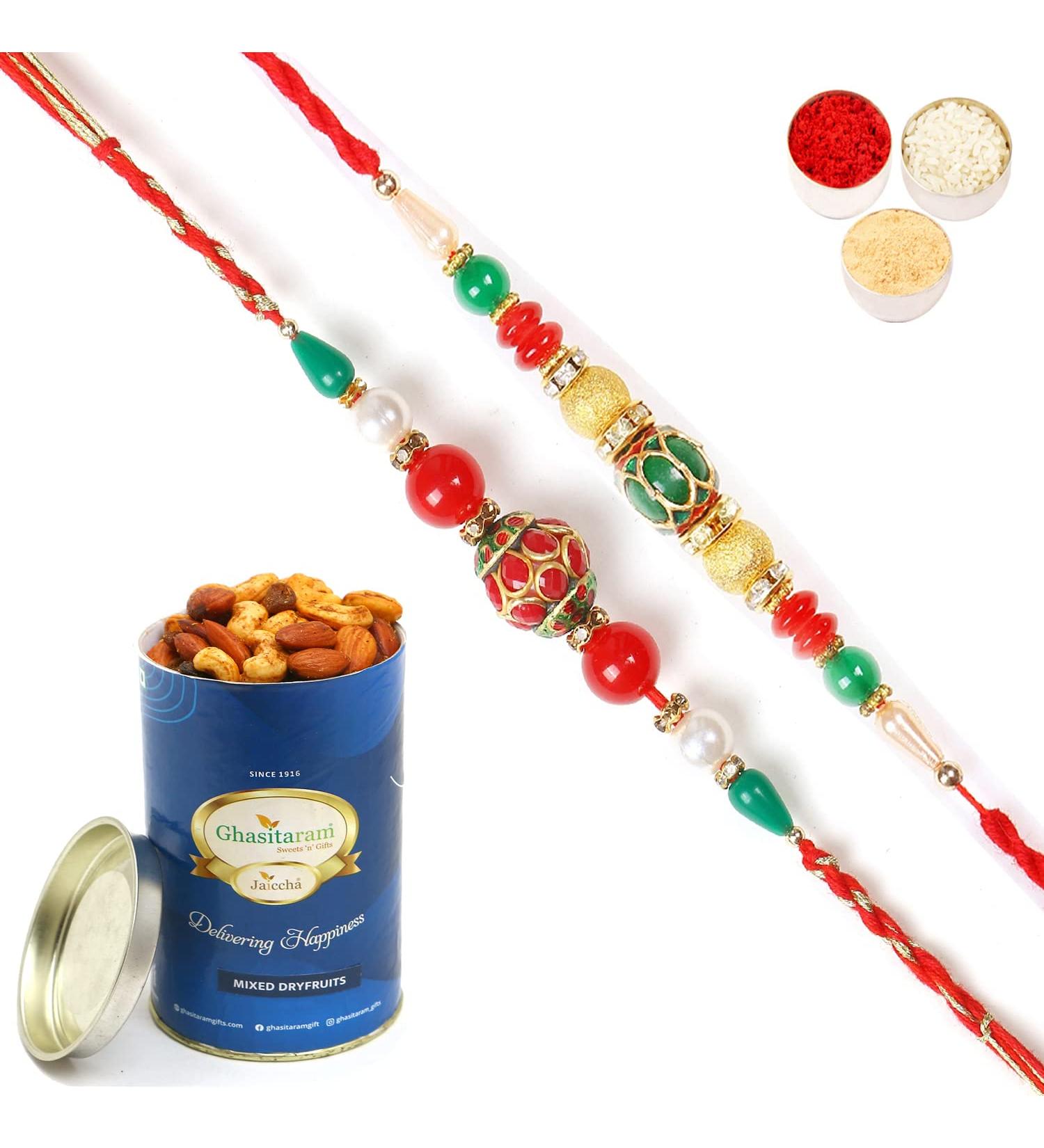 Ghasitaram Gifts Rakhi for Brother Rakhis Online - Set of 2 268 270 Fancy Rakhis with 100 GMS of Dryfruits Mix Can - Buy Online on GoSupps.com