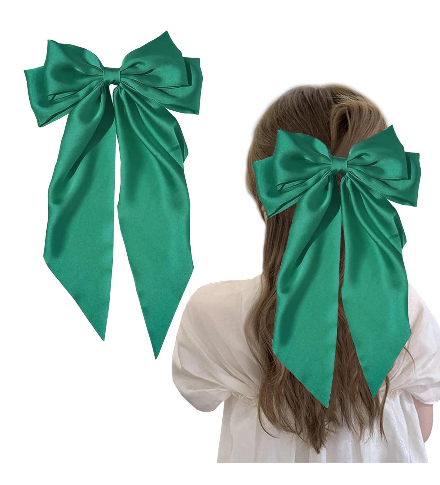 Green Satin Big Hair Bow Clip for Women and Girls | French Barrette Ribbon Hair Accessory | Cute Gift Idea - Buy Online on GoSupps.com