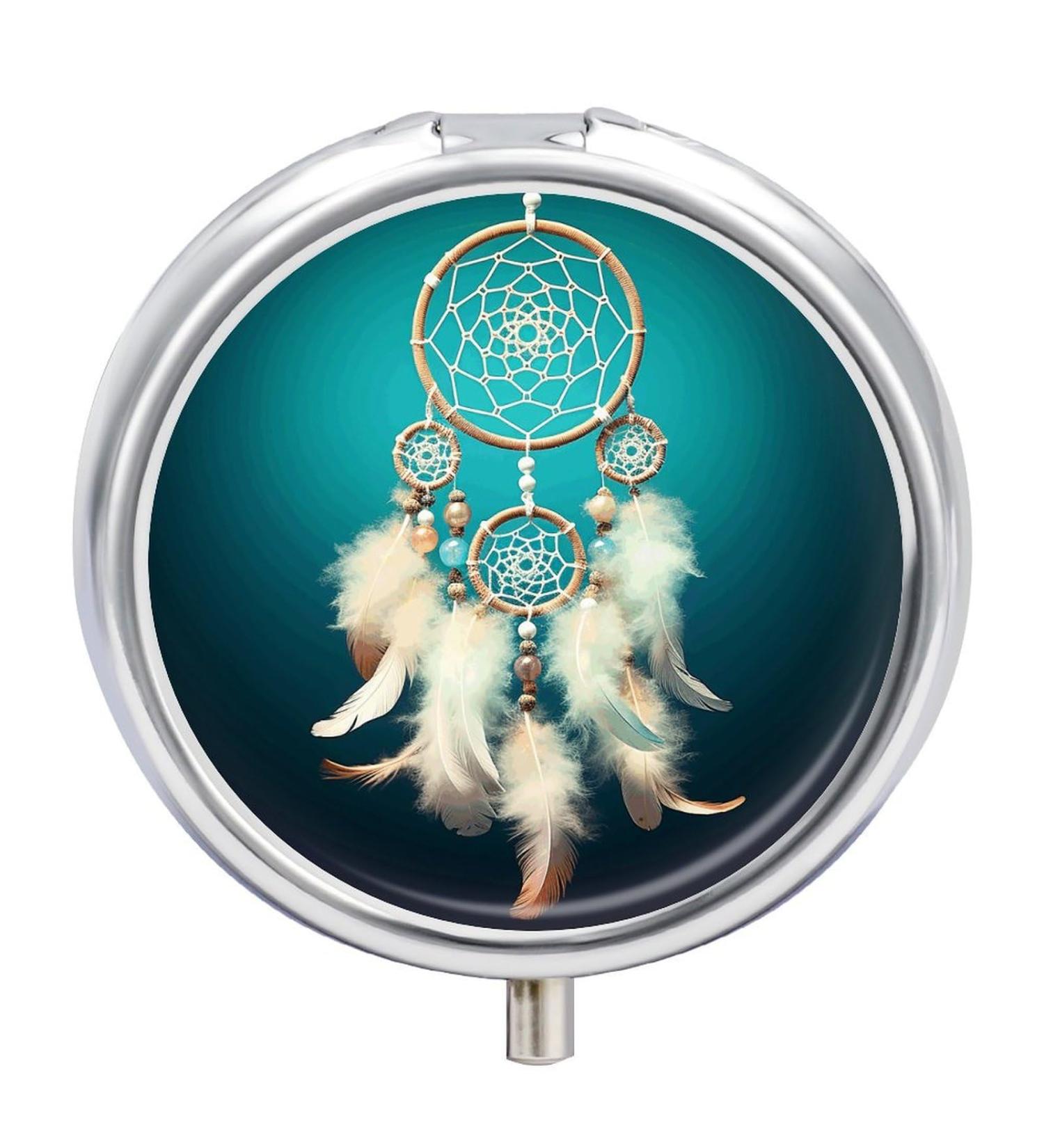 Round White Dream Catcher Pill Box - 3 Compartment Decorative Metal Organizer | Portable Pocket Medicine Case - Style 39 - Buy Online on GoSupps.com