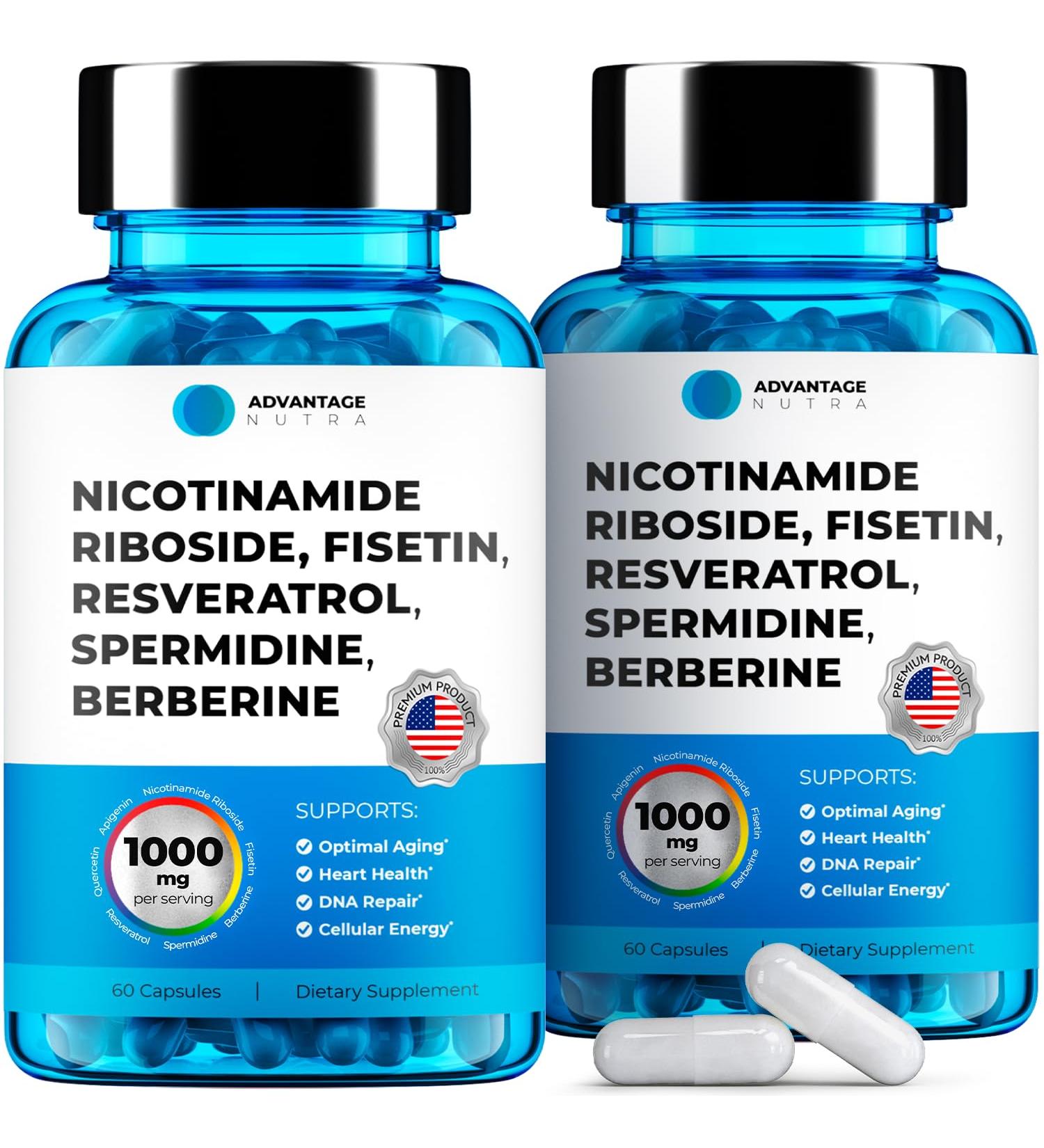 AdvantageNutra Liposomal Nicotinamide Riboside NR Supplement Resveratrol NAD : Nicotinamide 500mg w/Fisetin Resveratrol Powder Spermidine Berberine NAD Resveratrol Supplement 500 mg - 60 caps 2 Pack - Buy Online on GoSupps.com