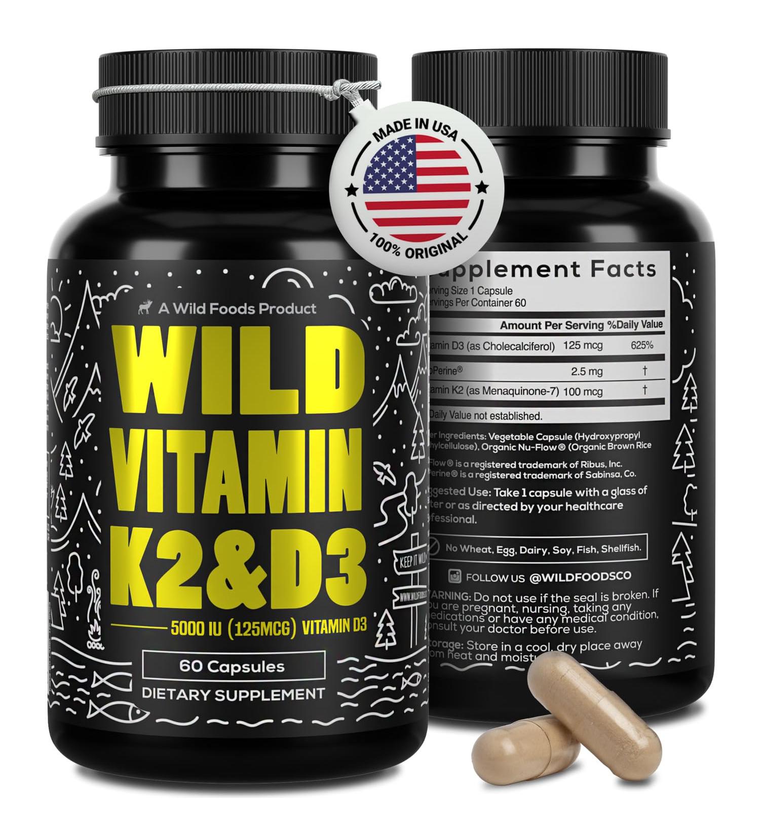 Wild Foods 5000iu Vitamin D3 + K2 | (100mcg Mk7) with Black Pepper Extract, Plant-Based, Non-GMO, Soy & Gluten-Free | Dietary Supplement | Made in USA | 60 Capsules 60 Count (Pack of 1) - Buy Online on GoSupps.com
