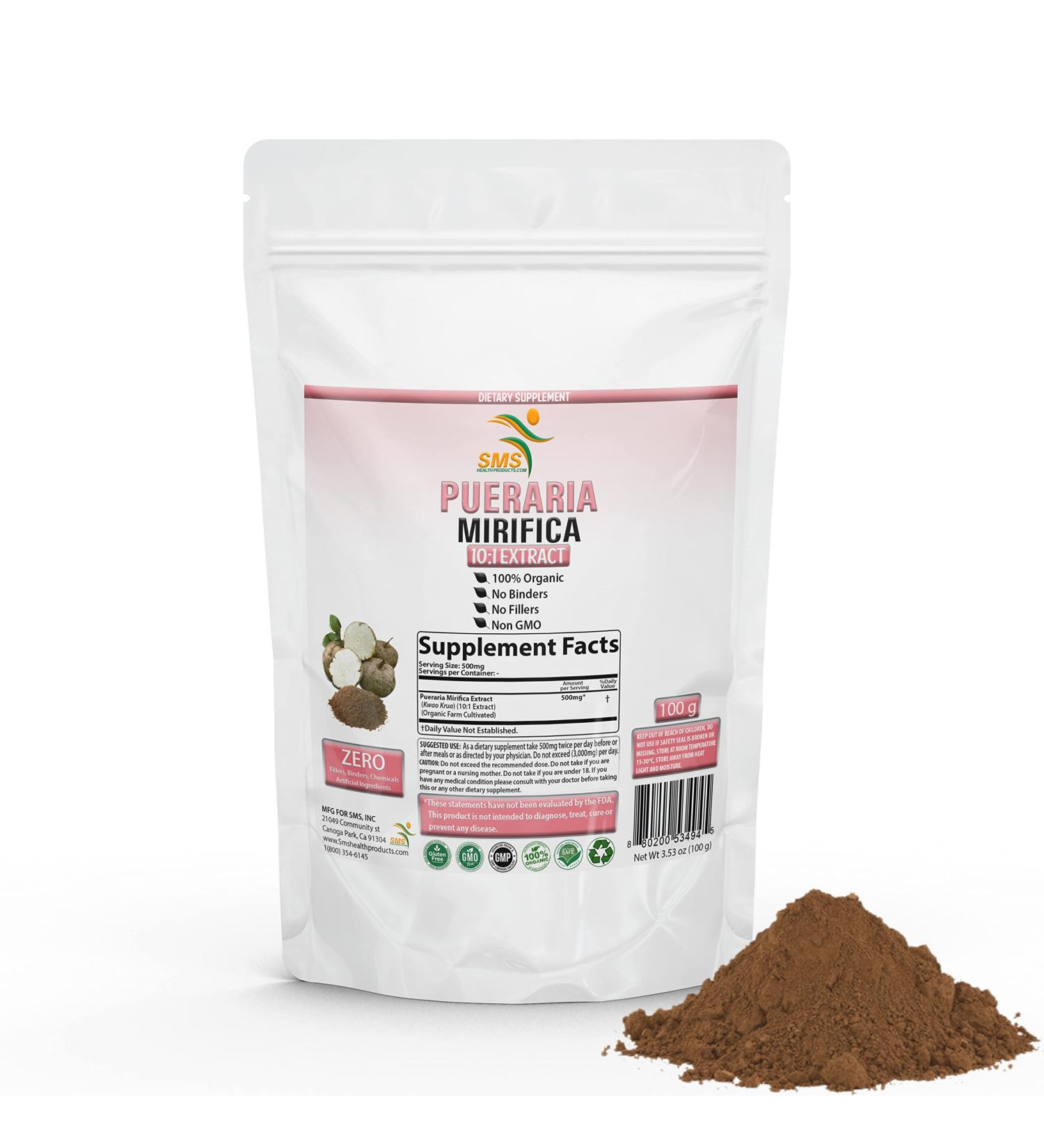 Pueraria Mirifica Natural Organic Herbal Kwao Krua Kao 10:1 Extract 100g Powder Promotes Women's Health Dietary Supplement | Non GMO Gluten | by SMS