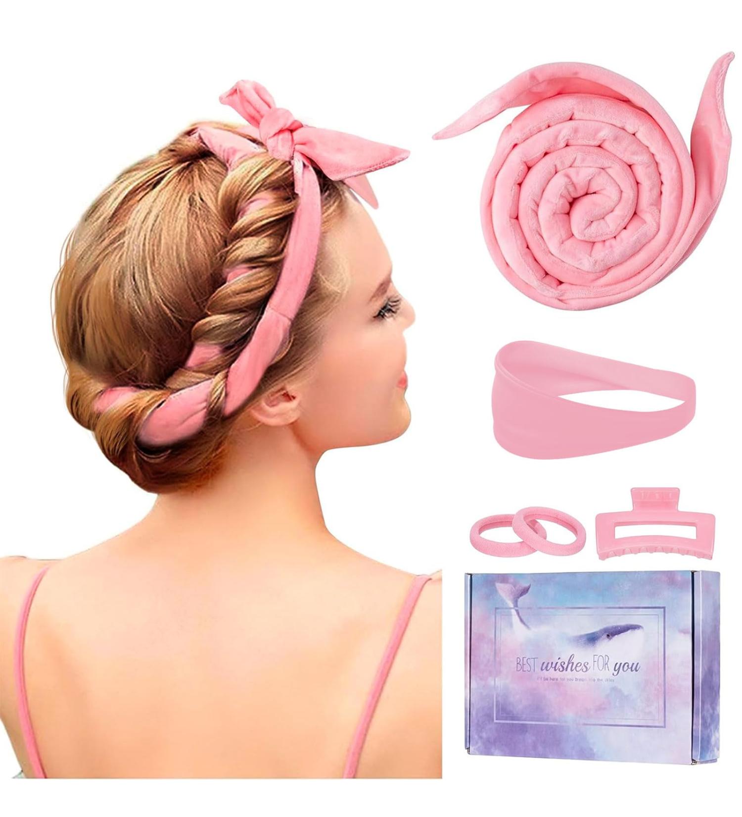 Heatless Curlers for Long Hair | 60 Extra-Long Curl Bands | Overnight DIY Pink Hair Set with Forehead Strap - Buy Online on GoSupps.com