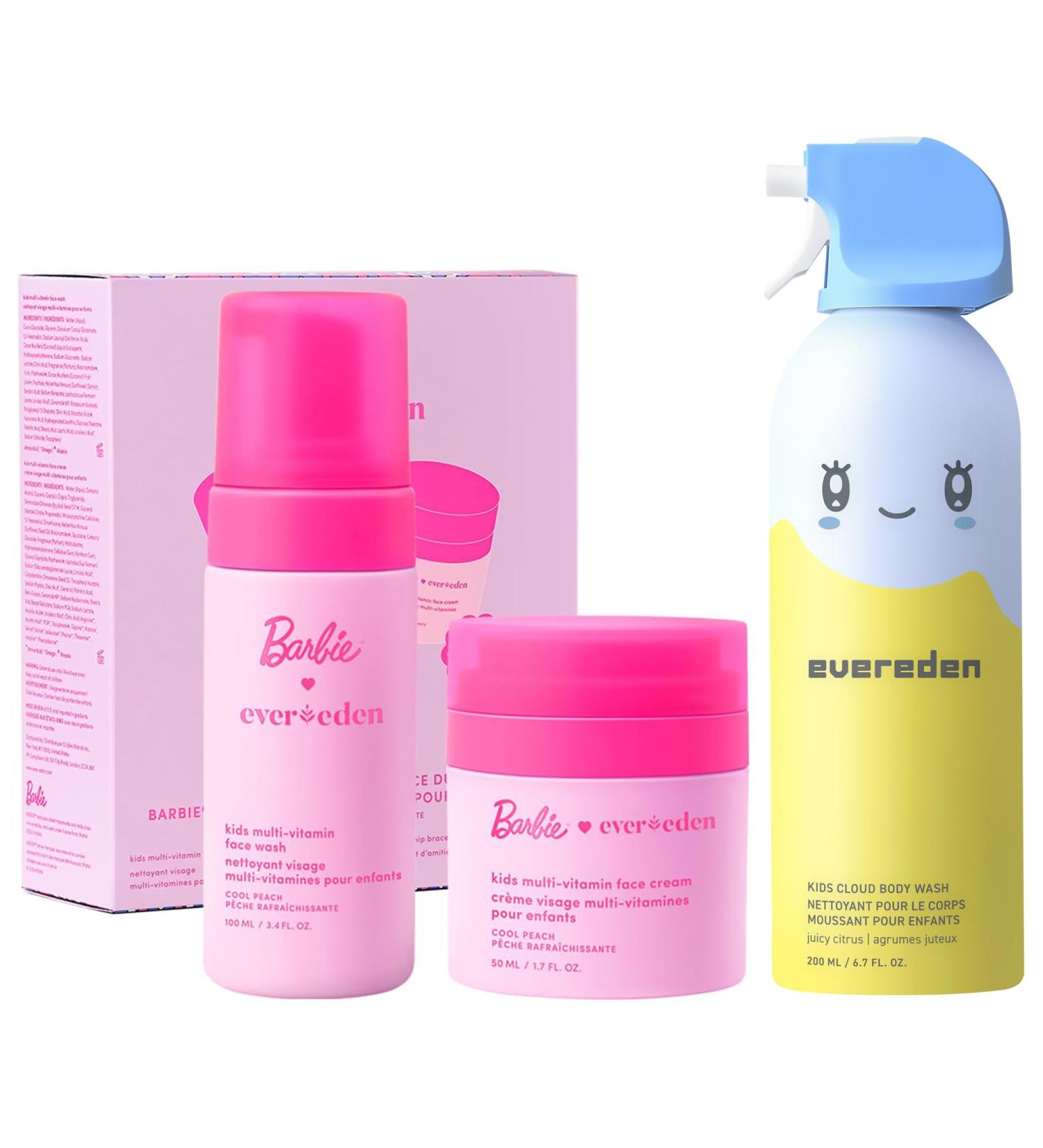 Evereden Happy Face DUO Barbie Edition & Cloud Body Wash Juicy Citrus Set: Multi-Vitamin Kids Face Wash & Cream Fun Foamy Toddler Body Wash & Barbie Gift Bundle - Gentle Clean & Vegan - Buy Online on GoSupps.com