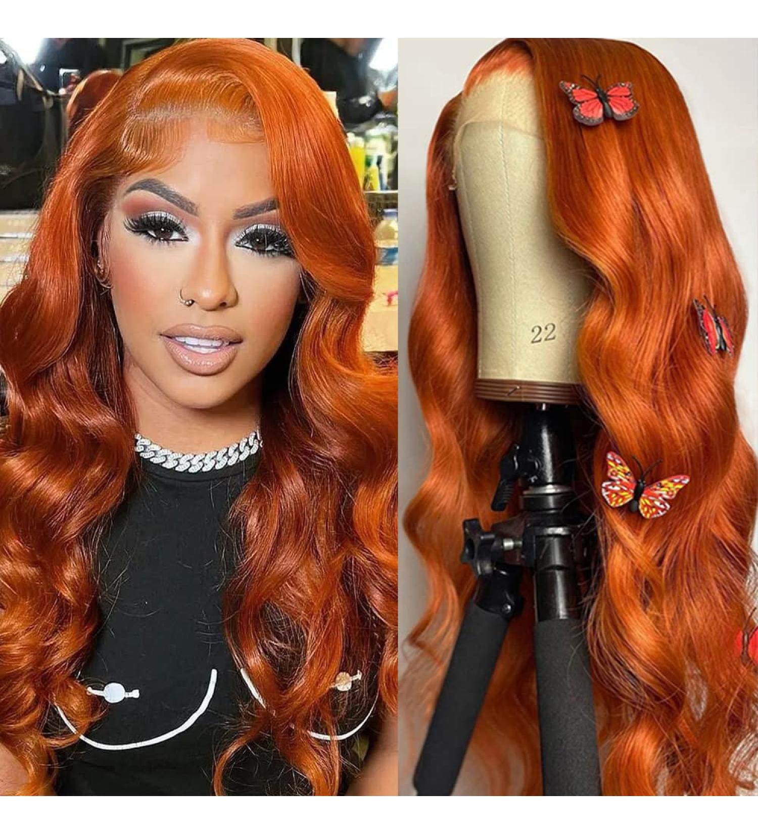 Ginger Orange Body Wave Human Hair Lace Front Wig - 20 Inch 150% Density Pre Plucked with Baby Hair - Colored Glueless Wig for Women - Buy Online on GoSupps.com