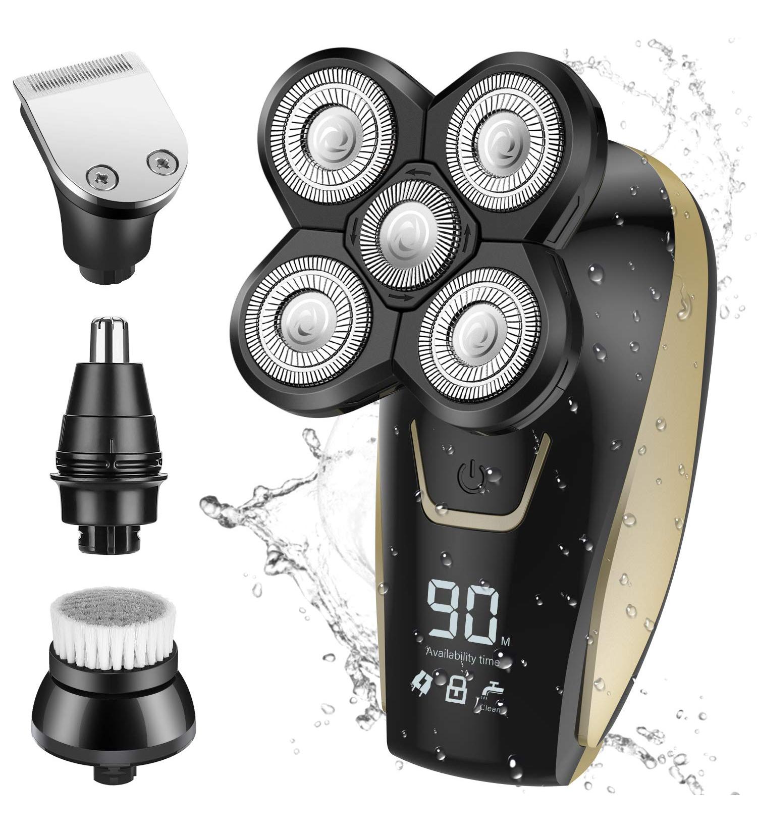 4-in-1 Electric Shaver for Men | Bald Head Shaver, Rechargeable Wet & Dry Razor, Grooming Kit with Clipper & Nose Trimmer - Black Gold - Buy Online on GoSupps.com