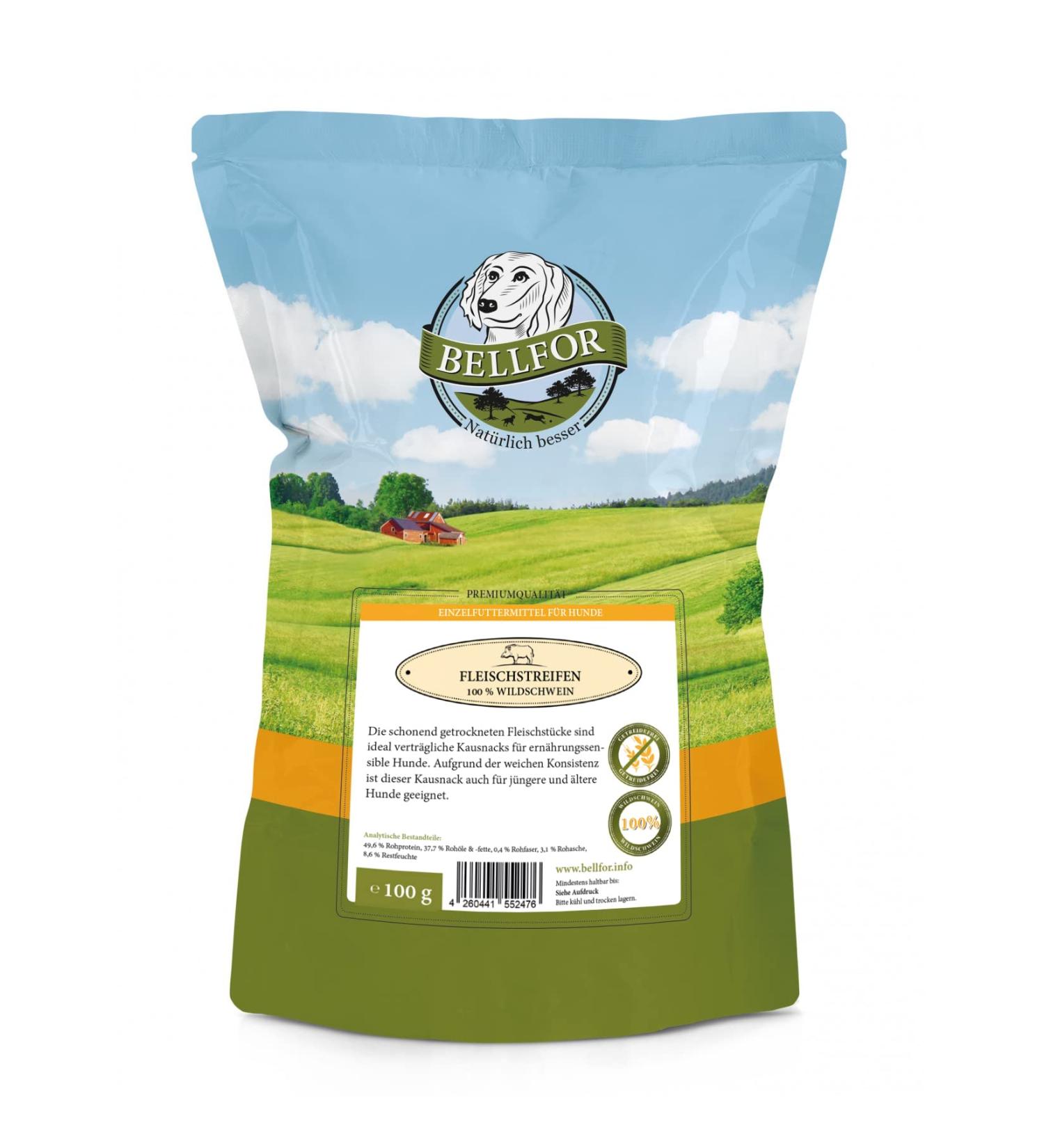 Bellfor Wild Boar Meat Strips Dog Treat Healthy Nature and is made without additives or flavor enhancers 100 g - Buy Online on GoSupps.com