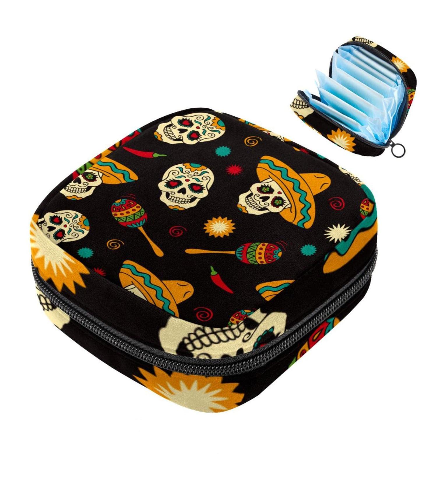 Sugar Skull Design Sanitary Napkins Storage Bag | Menstruation Pad & Cup Pocket for Teens & Women - Color 4 - Buy Online on GoSupps.com