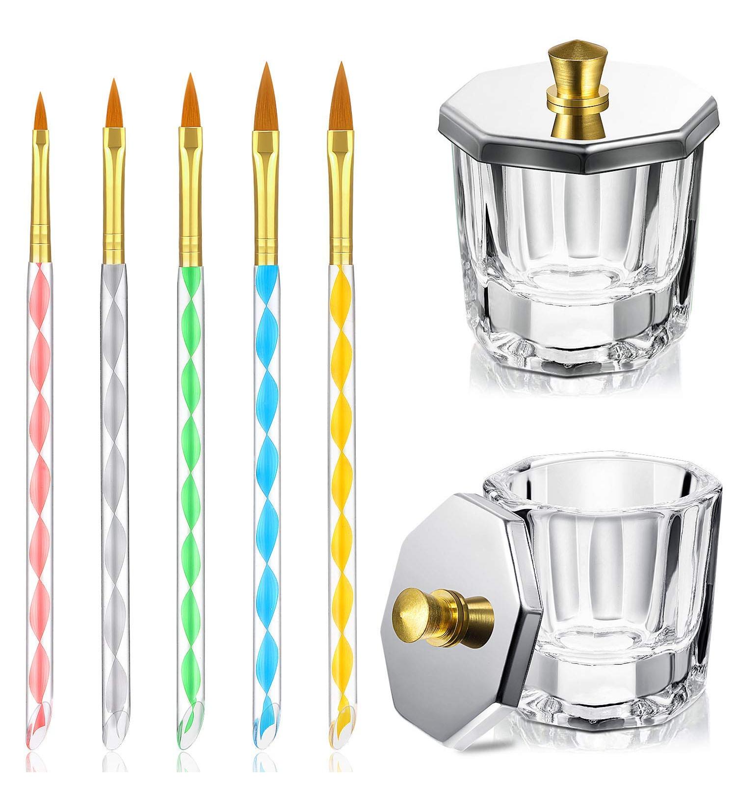 7 Pcs Nail Art Manicure Tool Kit 2 Nail Dappen Dish Acrylic Liquid Powder Crystal Cup Glass Bowl with Lid 5 Acrylic 3D Painting Drawing Nail Brush Pen for Acrylic Liquid Styling Tool - Buy Online on GoSupps.com