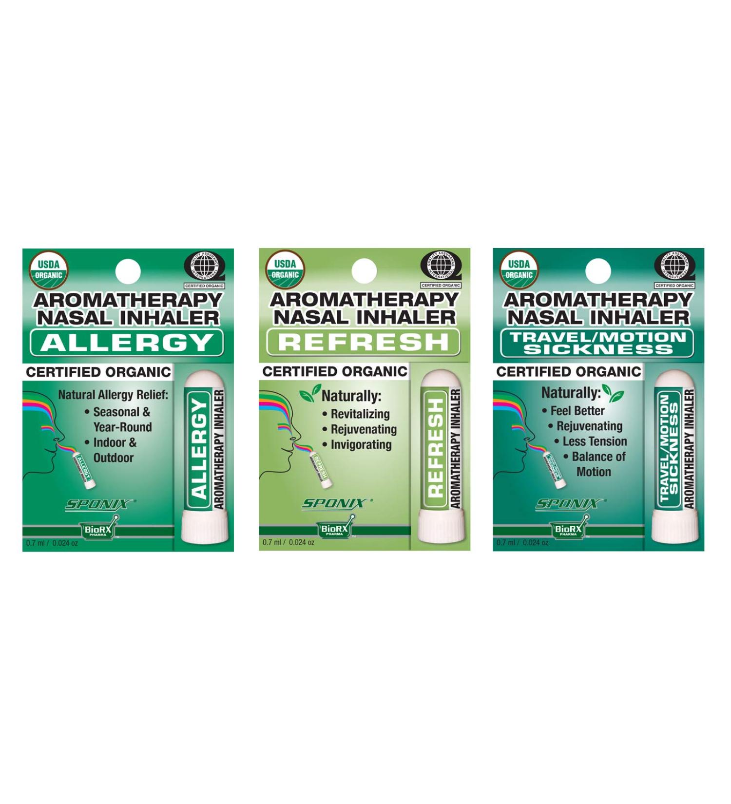 Aromatherapy Nasal Inhaler Pack of 3 Made with Organic Essential Oil - Travel/Motion Sickness Refresh and Allergy - 0.7 mL by Sponix