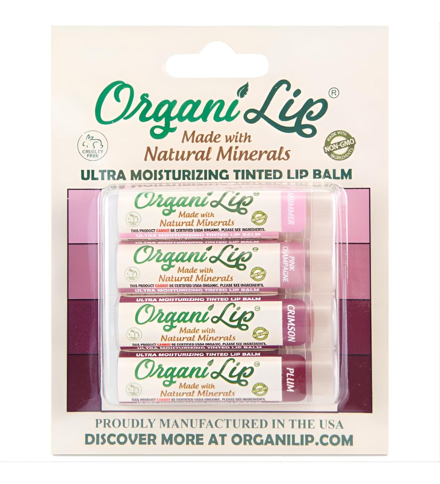 OrganiLip Tinted Lip Balm Moisturizer - Natural Moisturizer for Cracked & Dry Lips - All-Day Ultra Moisturizing Lip Care for Kids and Adults - Shimmer Pink Champagne Crimson Plum Colors - 4 Pack - Buy Online on GoSupps.com