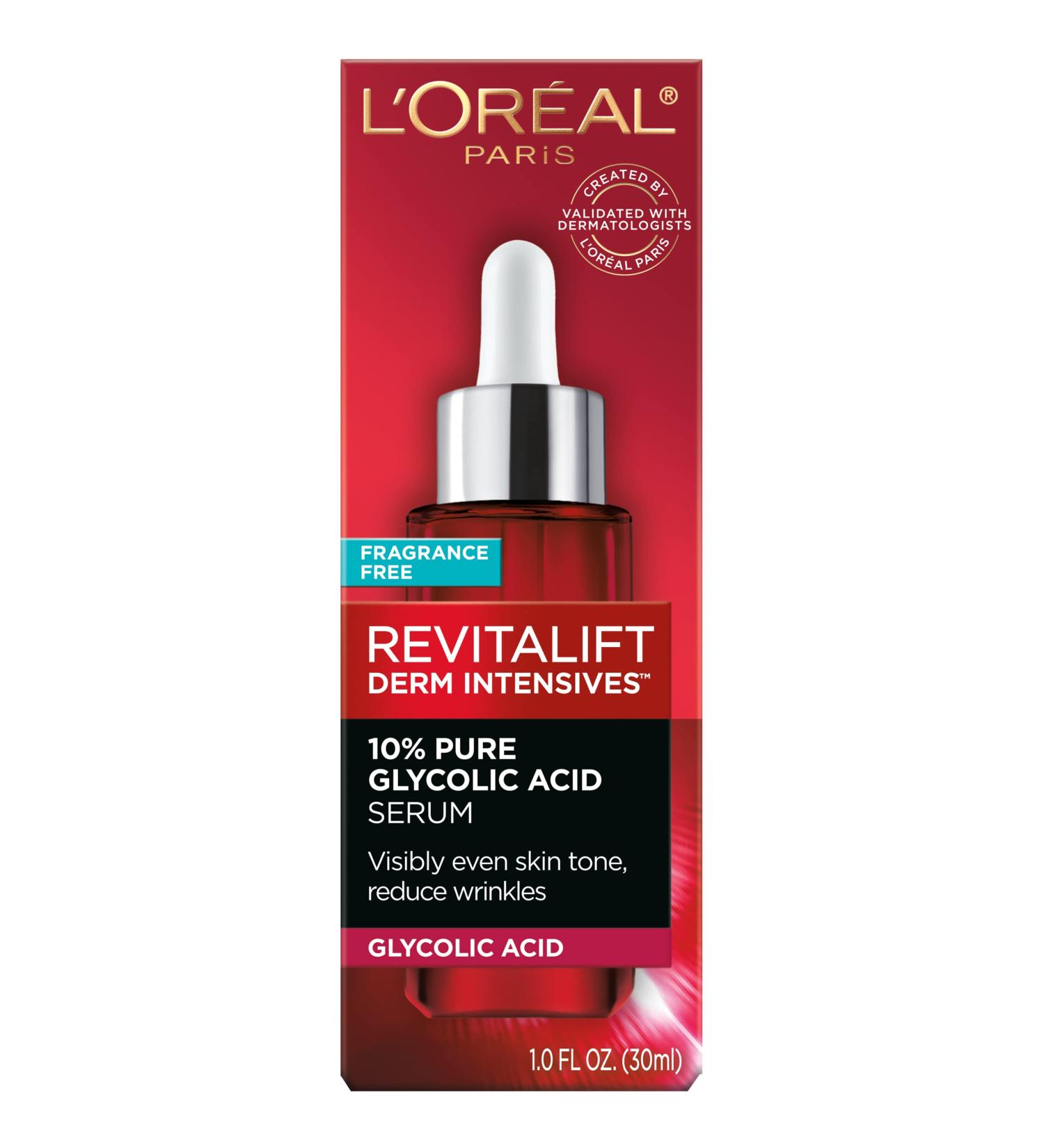 L'Oreal Paris Revitalift 10% Pure Glycolic Acid Face Serum 1.0 fl oz - Visibly Evens Tone, Reduces Wrinkles - Fragrance Free - Buy Online on GoSupps.com
