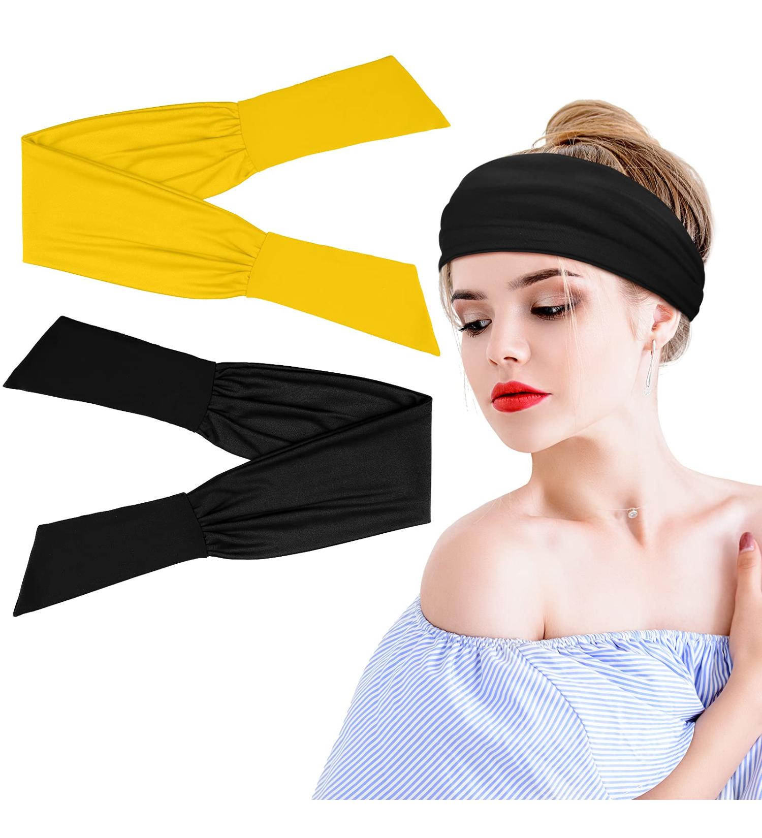 Adjustable Tie Headbands for Women - 2 Pack Wide Knotted Non-slip Hairbands in Black Yellow - Perfect for Yoga, Running, Sports - Elastic & Stretchy Headwraps by Willbond - Buy Online on GoSupps.com