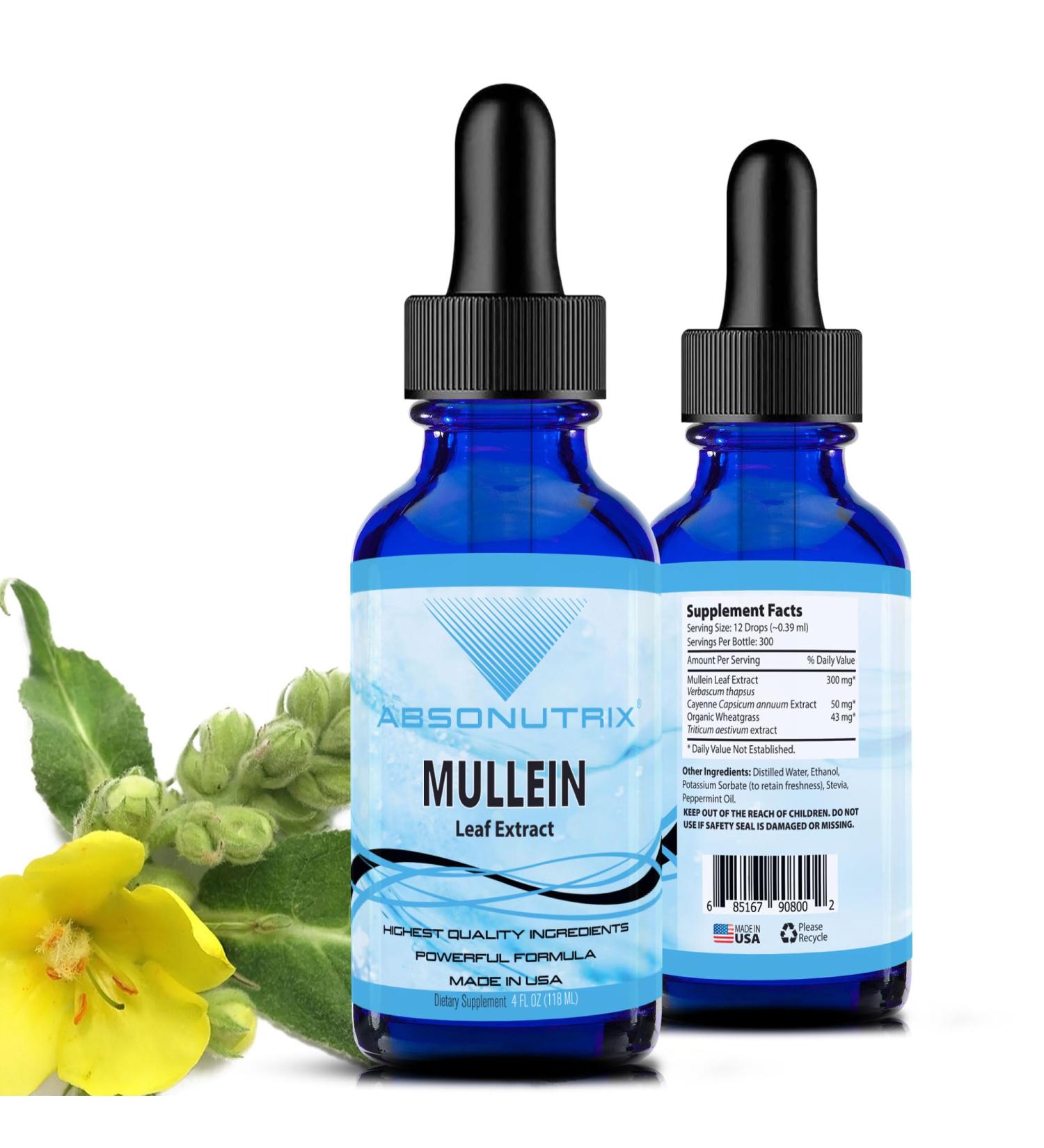 Absonutrix Mullein 300 mg 4 Oz Liquid 300 Servings Made in USA Quick Absorption Quality Potent Ingredients Non-GMO GMP Certified Facility Cruelty-Free Products - Buy Online on GoSupps.com
