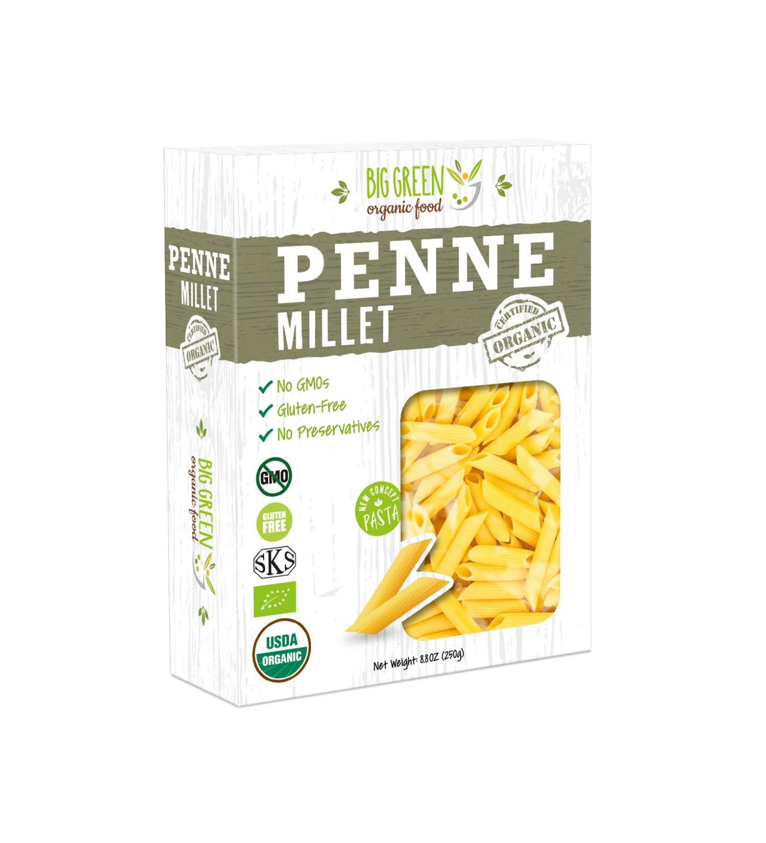 Big Green Organic Food- Organic Millet Penne, Gluten-Free, Lectin-Free, Non-GMO, Vegan, 6g of Protein, Wheat and Rice Alternative, 8.8oz (12)