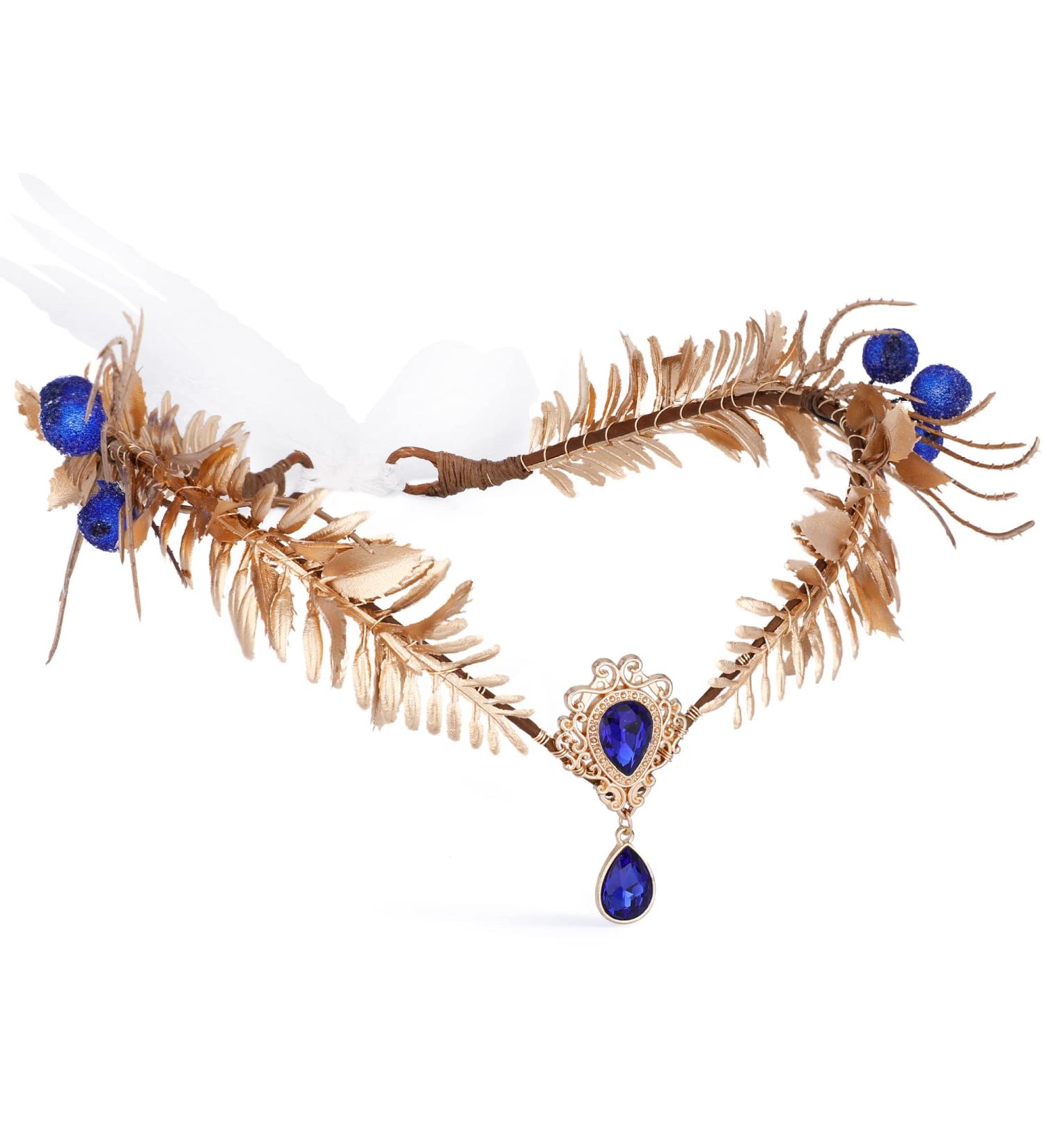 MOSTORY Fairy Gold Leaf Crown Goddess Headpiece Elf Woodland Headband Blue Crystal Pendant Circlet Tiara for Women Reneaissance Halloween Hair Accessories Princess Cosplay Costumes - Buy Online on GoSupps.com
