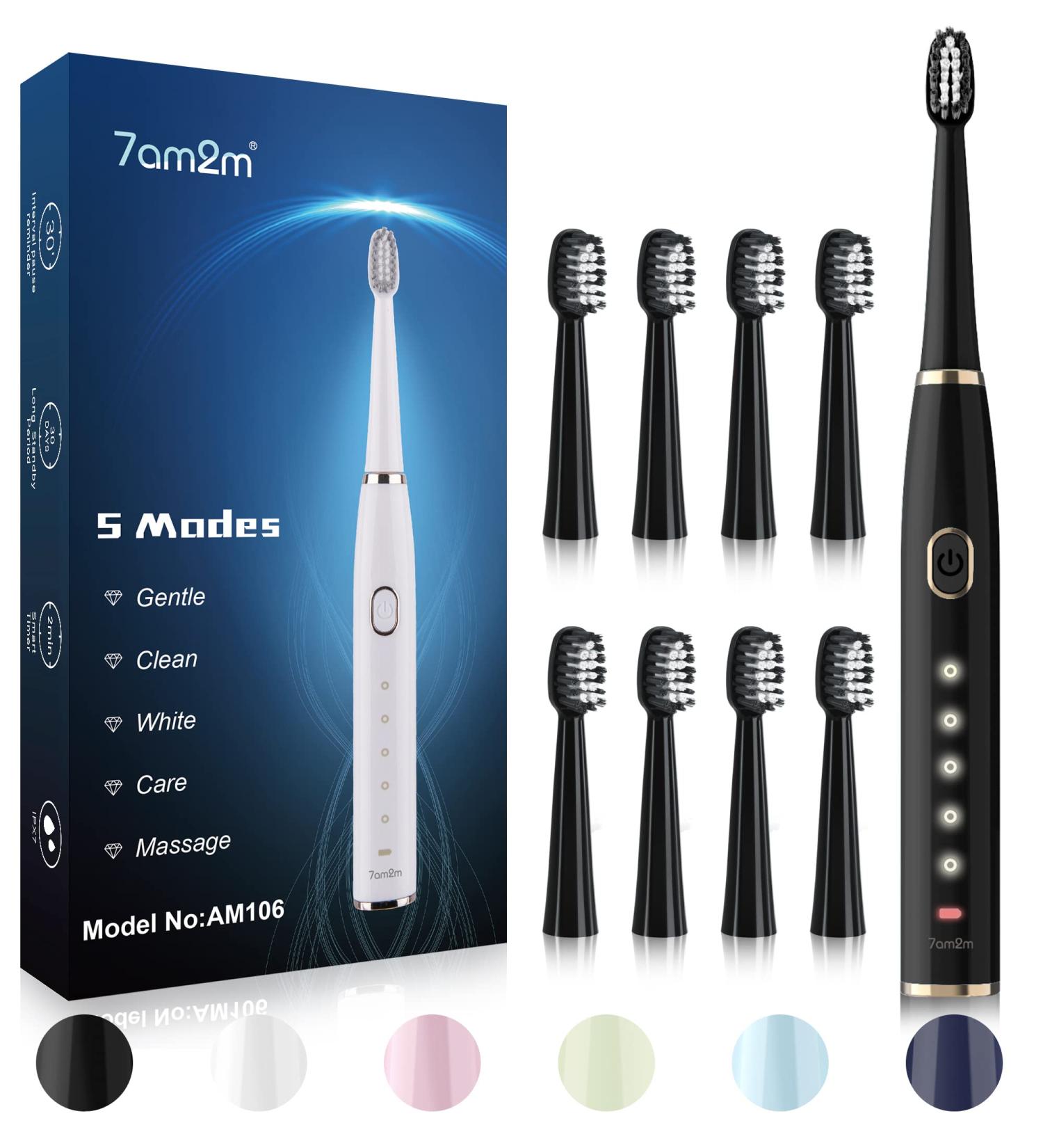 7am2m Sonic Electric Toothbrush for Adults and Kids | Rechargeable with 8 Brush Heads | 5 Modes & Smart Timer | Fast Charge for 75 Days - Black - Buy Online on GoSupps.com