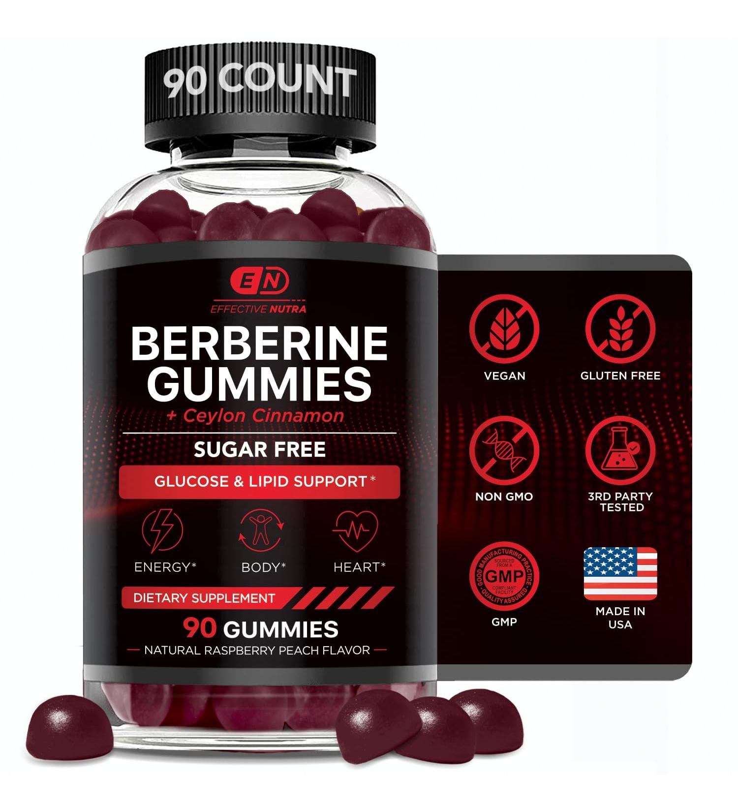 Effective Nutra Berberine Gummies with Ceylon Cinnamon | Sugar-Free Supplement 1200mg for Blood Sugar Support Heart Health Energy | 45-Day Supply Natural Berry Flavor Made in USA (90 Count) - Buy Online on GoSupps.com