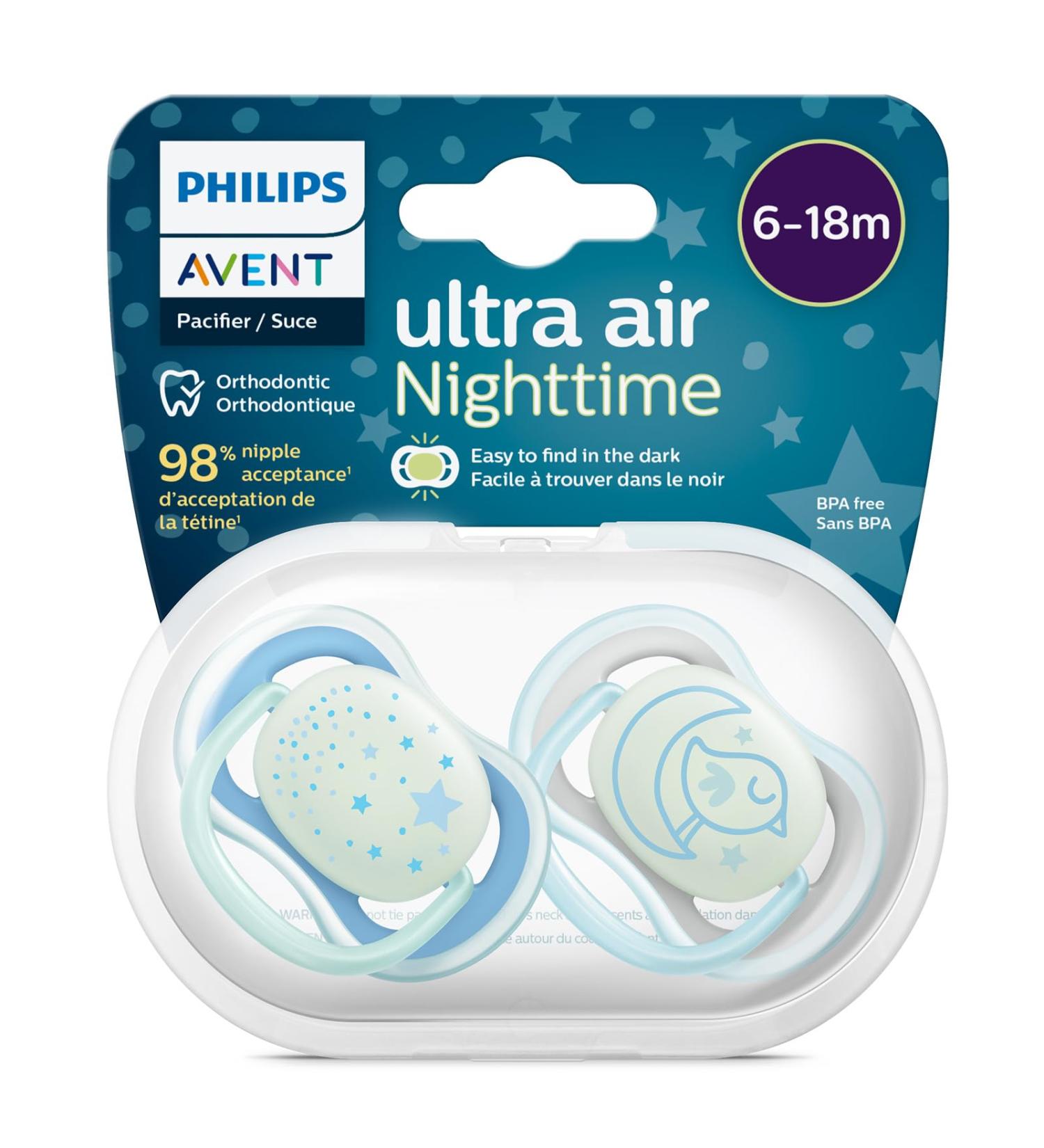Philips Avent Ultra Air Nighttime Schnuller-2-person pack BPA-free breathable breathable shining pacifier for babies from 6-18 months including transport and sterilization box blue/gray