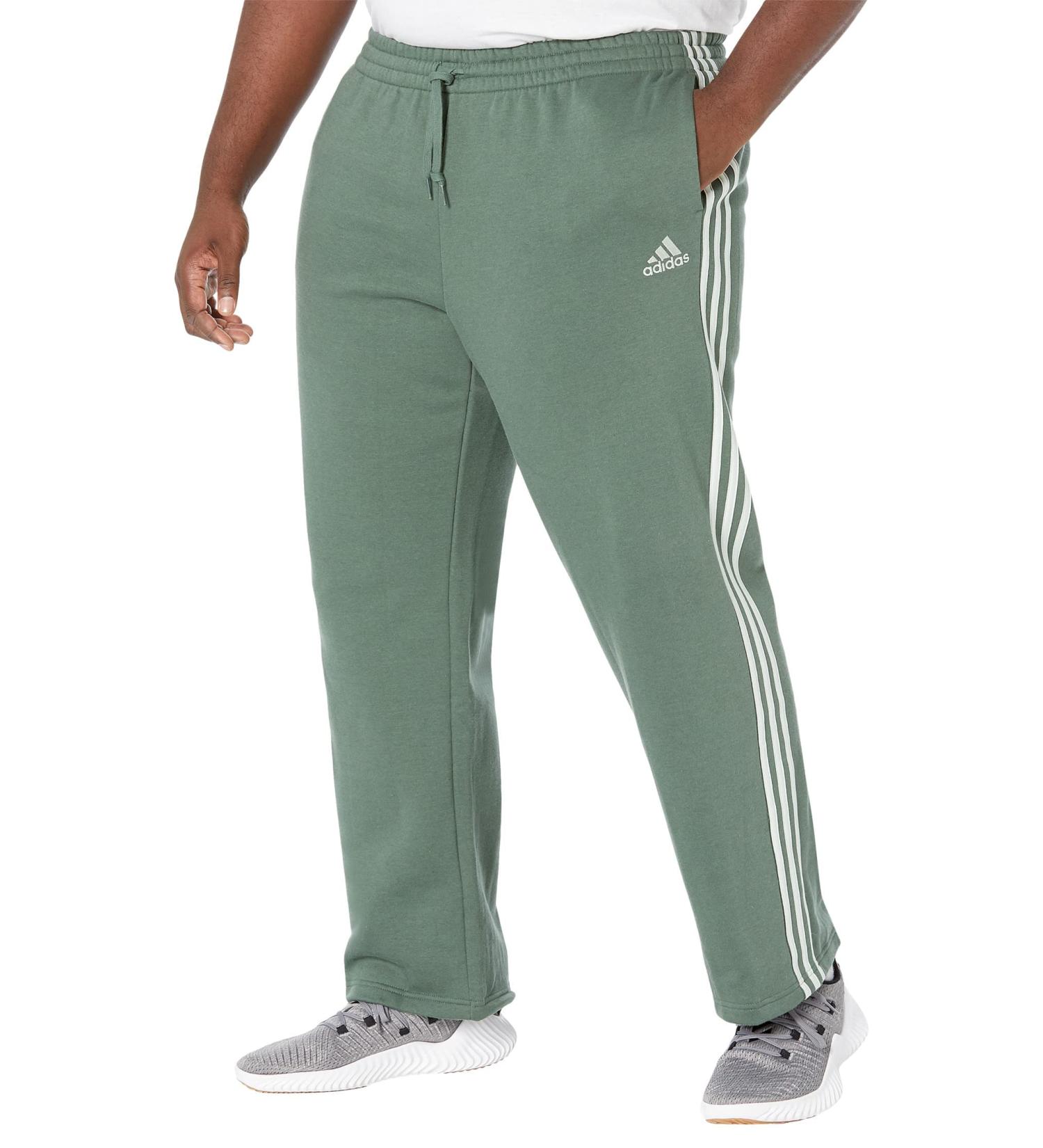 adidas Men's Essentials Fleece Open Hem 3-Stripes Pants in Medium Green Oxide/Linen Green - Buy Online on GoSupps.com