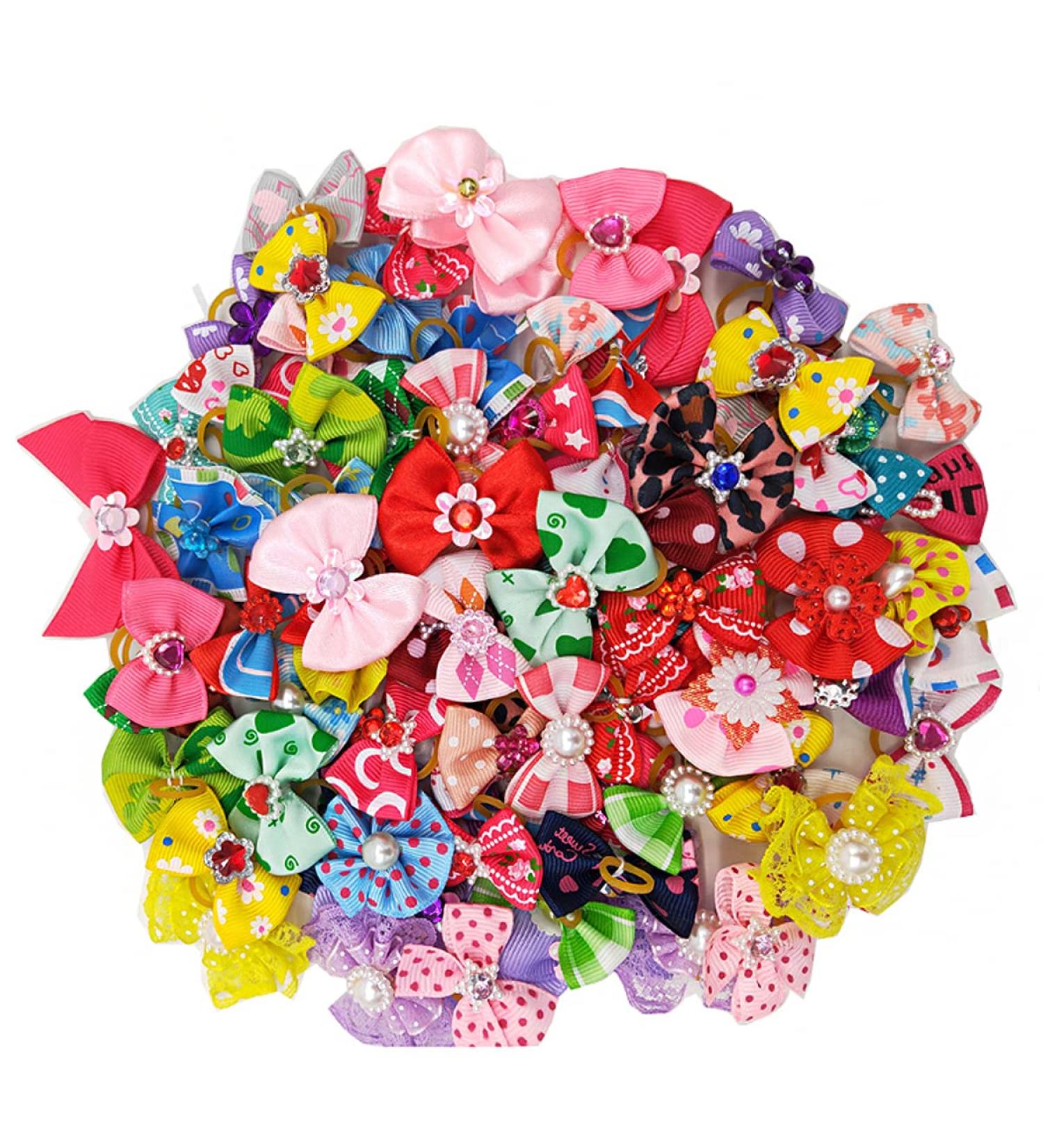 Dog Hair Bows 20 Pack Dog Bows Multicolor Cat Dog Bow Rhinestone Beads Flowers Topknot for Pet Hair Accessories - Buy Online on GoSupps.com