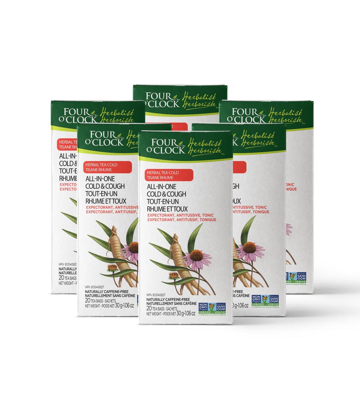 Four O'Clock Herbalist All-In-One Cold & Cough Day Herbal Tea Non GMO Project Kosher Gluten-Free 6 packs of 20 Teabags - Buy Online on GoSupps.com