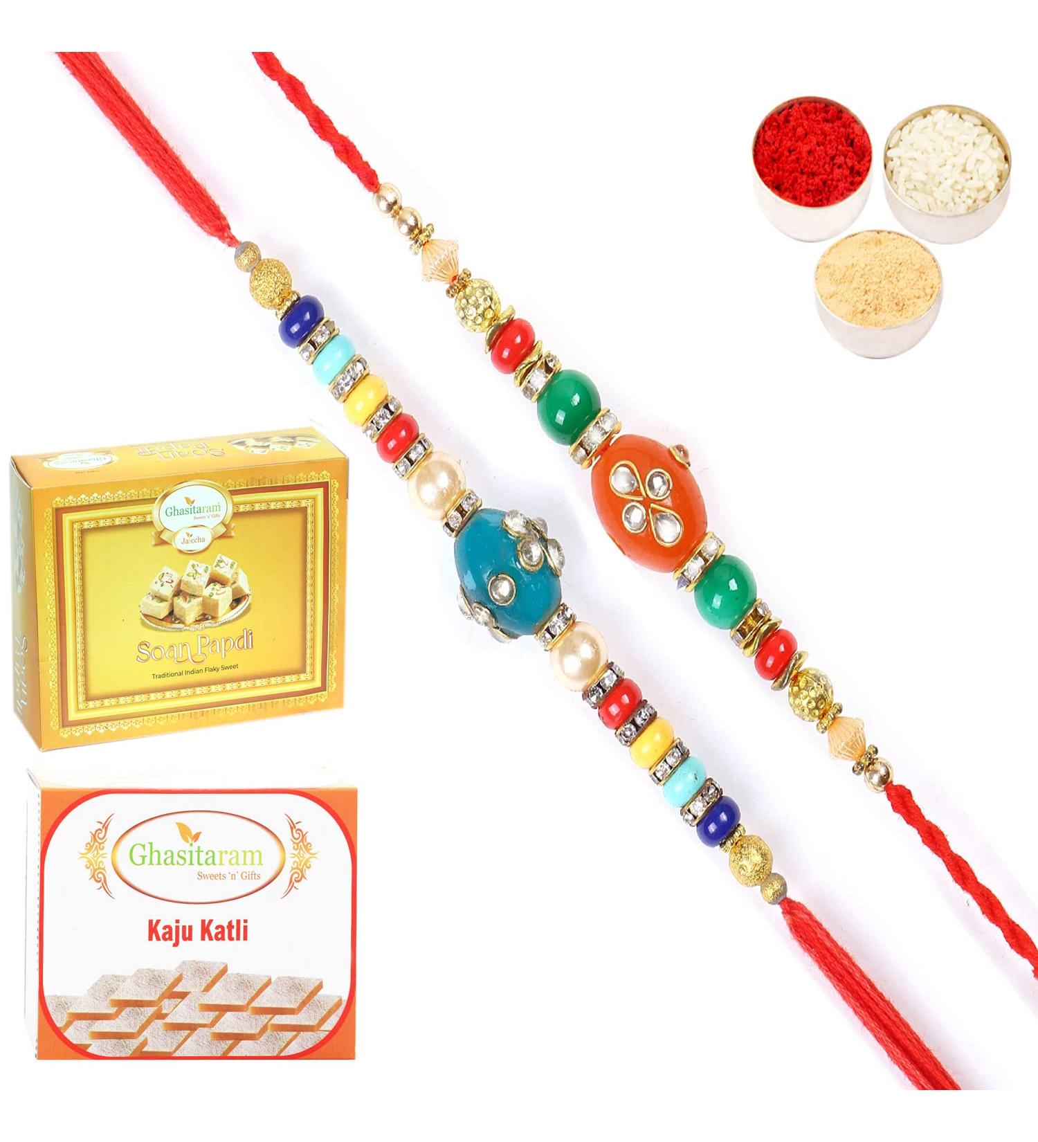 Ghasitaram Gifts Rakhi for Brother Rakhis Online - Set of 2 276 277 Fancy Rakhis with 200 GMS of Kaju katli and 200 GMS of Soan Papdi - Buy Online on GoSupps.com