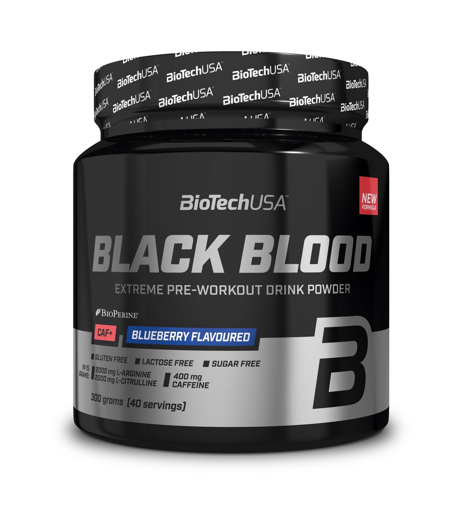 BioTechUSA Black Blood Caf+ Pre-Workout Beverage Powder - 12 Active Ingredients 200mg Caffeine Sugar-Free Lactose-Free Gluten-Free - 300g Blueberry - Buy Online on GoSupps.com