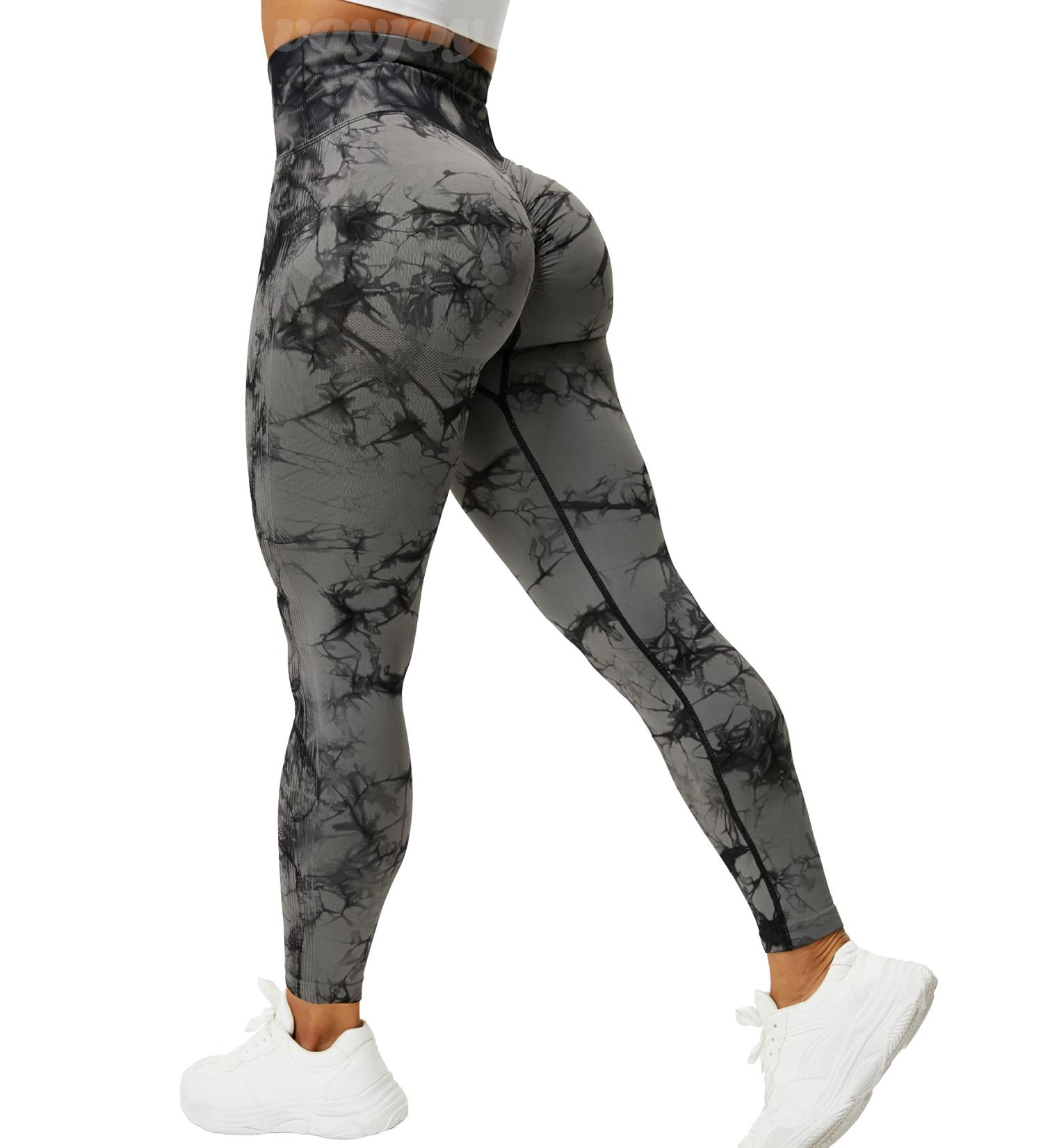 VOYJOY Tie Dye High Waist Yoga Pants with Scrunch Butt Lift - Black Gray Medium - Buy Online on GoSupps.com