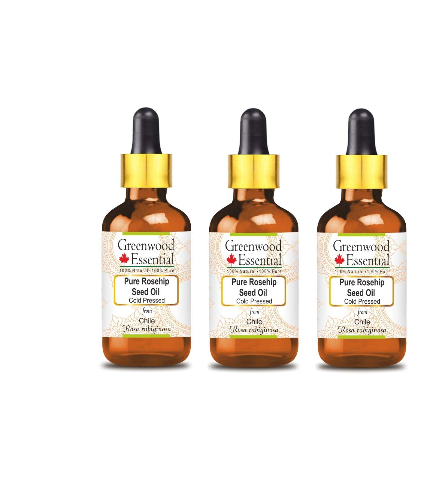 Natural Rose Hip Seed Oil | Cold-Pressed | Therapeutic Quality | Pack of 3 (100ml) | Greenwood Essentials - Buy Online on GoSupps.com