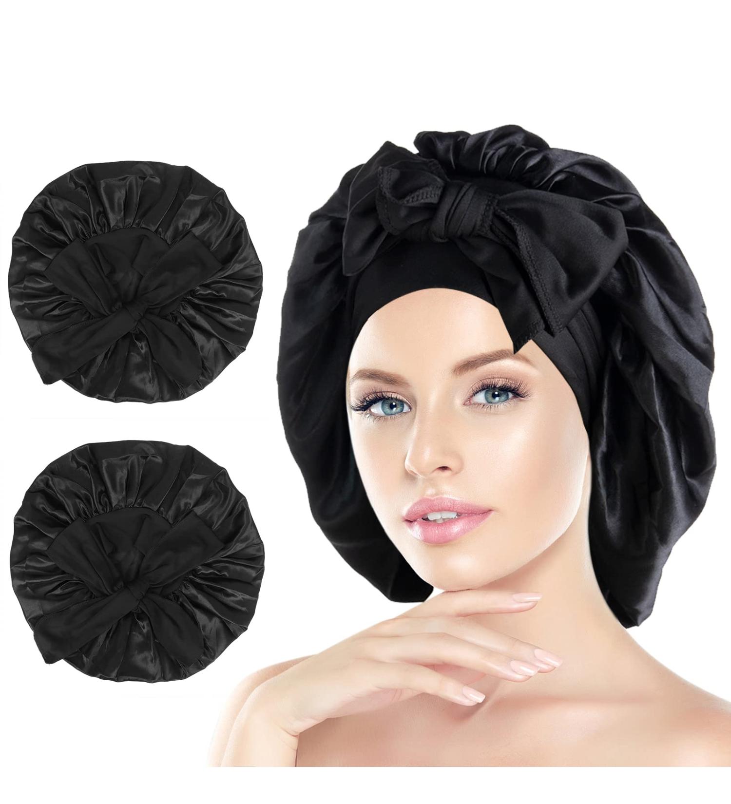 Arqumi Silk Bonnet Set - Large Silk Hair Wrap for Sleeping | Adjustable Satin Bonnet Sleep Cap for Long Curly Thick Black Hair | 2PCS Black - Buy Online on GoSupps.com