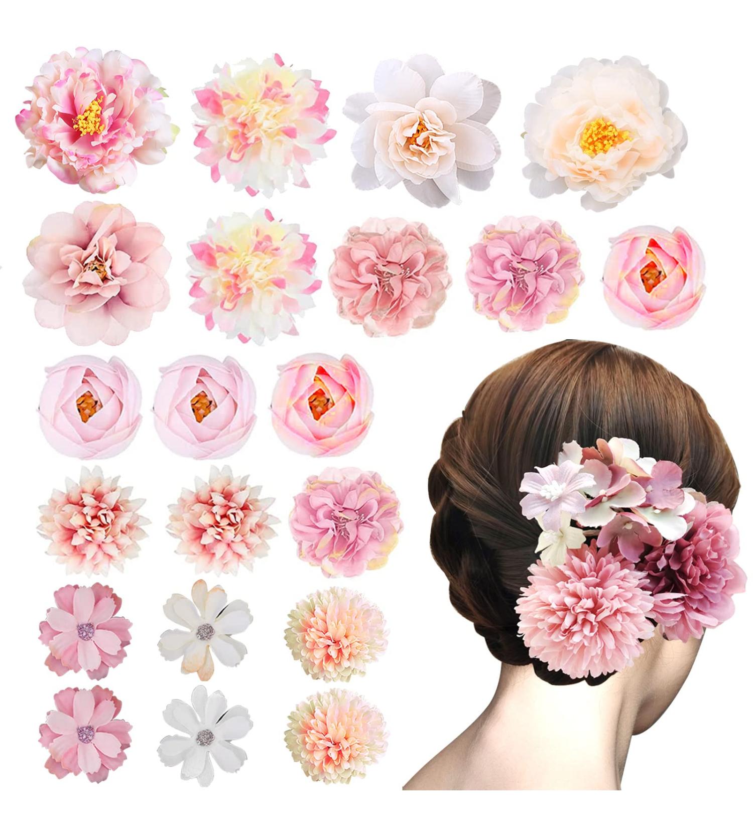 21 PCS Pink Flower Hair Clips Set for Women - Boho Bride Hair Accessories - Buy Online on GoSupps.com