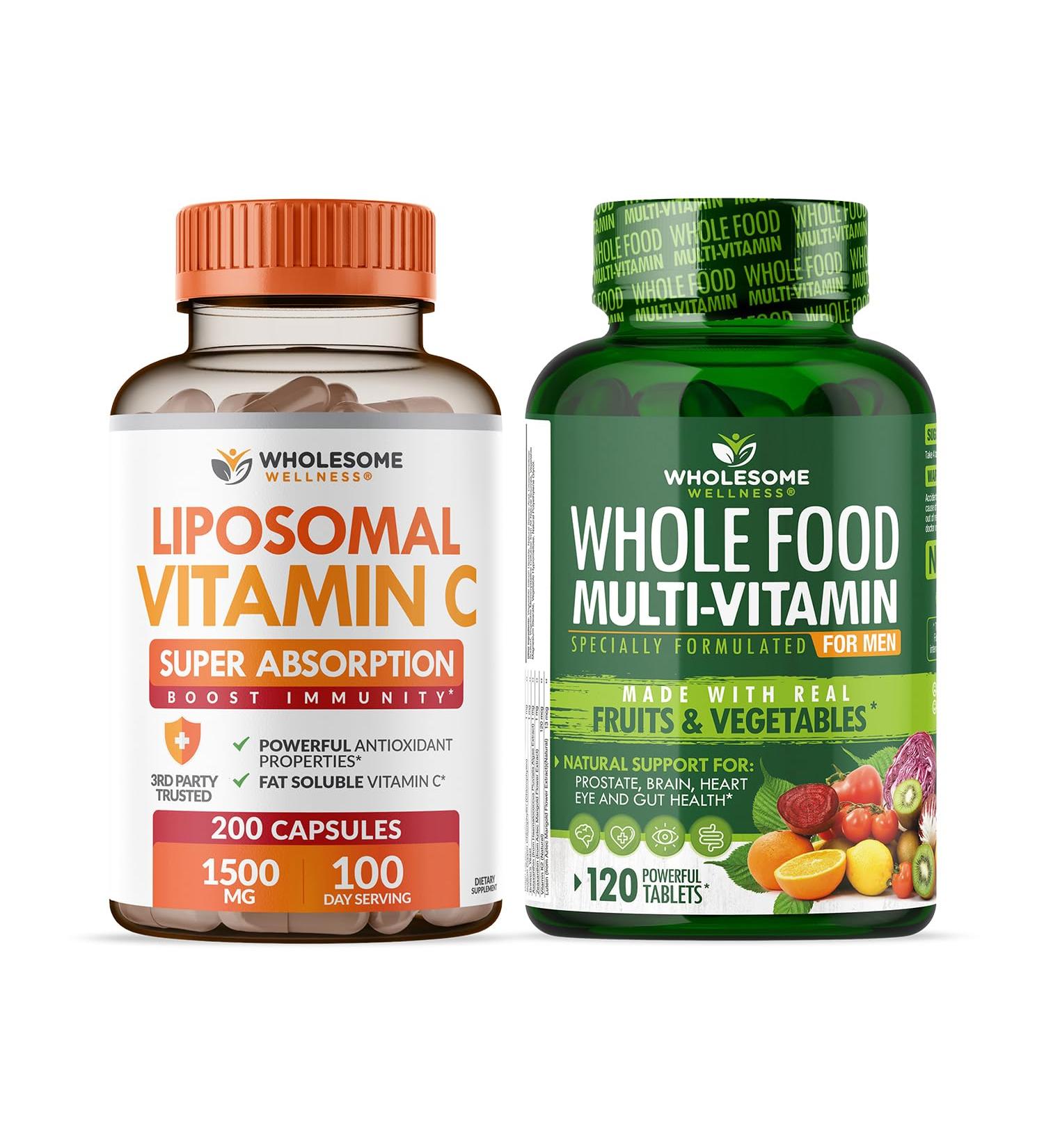 Wholesome Wellness Liposomal Vitamin C Capsules (200 Pills 1500mg Buffered) High Absorption + Food Multivitamin for Men - Natural Multi Vitamins Minerals Organic Extracts Bundle - Buy Online on GoSupps.com