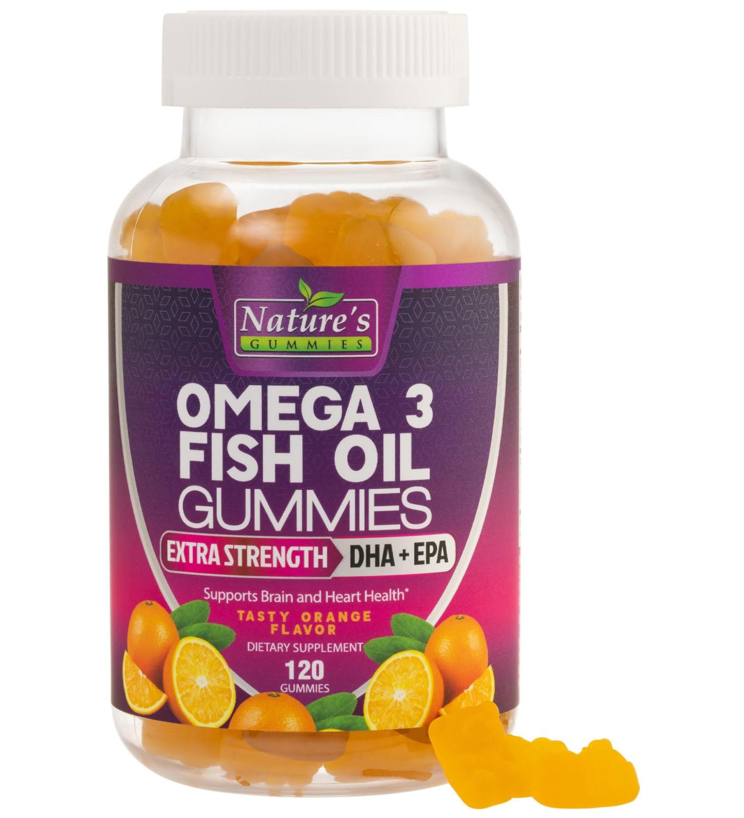 Omega 3 Fish Oil Gummies Heart Healthy Omega 3 Gummy Supplement with High Absorption DHA & EPA Extra Strength Joint & Brain Support Delicious Orange Flavor Fish Oil Nature's Vitamin - 120 Gummies 120 Count (Pack of 1) - Buy Online on GoSupps.com