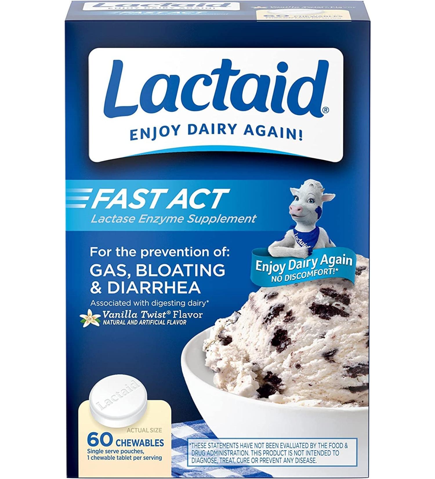 Lactaid Fast Act Chewables 60 ct (Pack of 4) | Natural Lactase Enzyme for Lactose Intolerance Relief | Prevent Gas, Bloating & Diarrhea | Vanilla Twist Flavor | On-the-Go - Buy Online on GoSupps.com