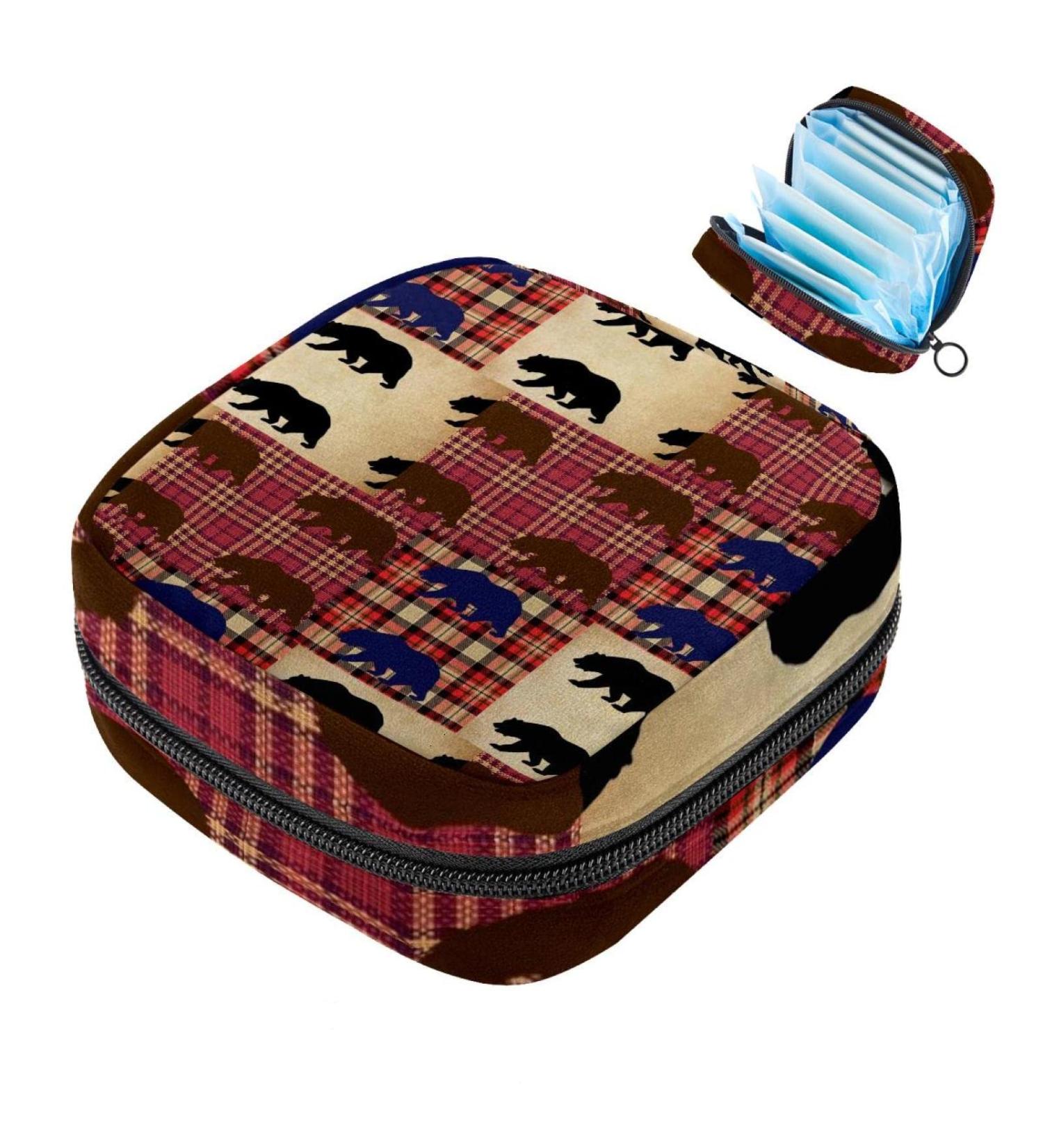 Portable Bear Scottish Pattern Menstrual Pad & Cup Storage Bag for Teens & Women - Zipper Pocket - Buy Online on GoSupps.com