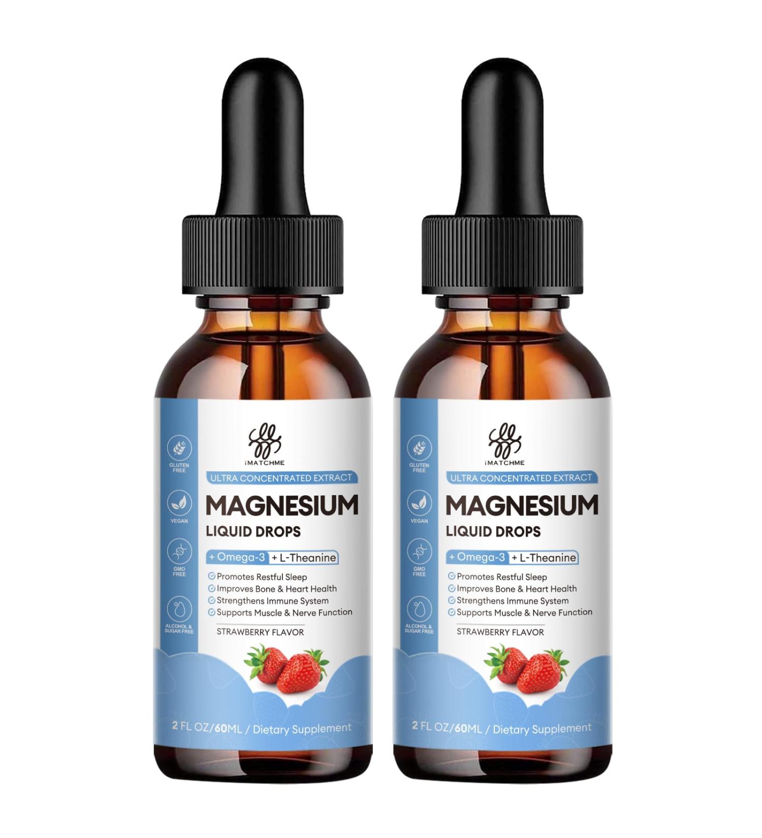 (2 Pack) Magnesium Glycinate Liquid Drop with Citrate, Oxide and Taurate, Calm Magnesium with Omega3, L-Theanine, D3, B6, B12 for Calm, Sleep, Leg Cramps, Muscles, Energy, Sugar-Free Strawberry Flavor - Buy Online on GoSupps.com