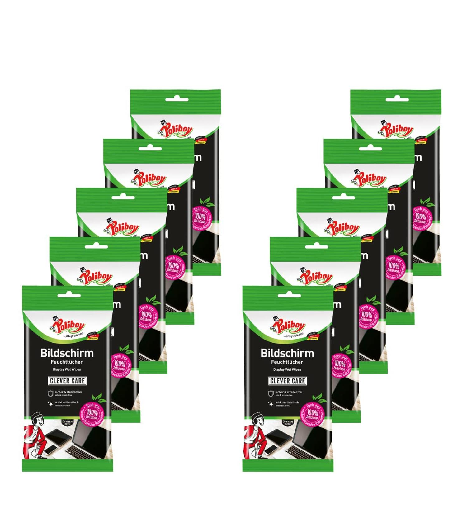 Poliboy - screen wet wipes - ideal for televisions laptops tablets and other displays - 10x30 pieces - Made in germany screen 10 pack