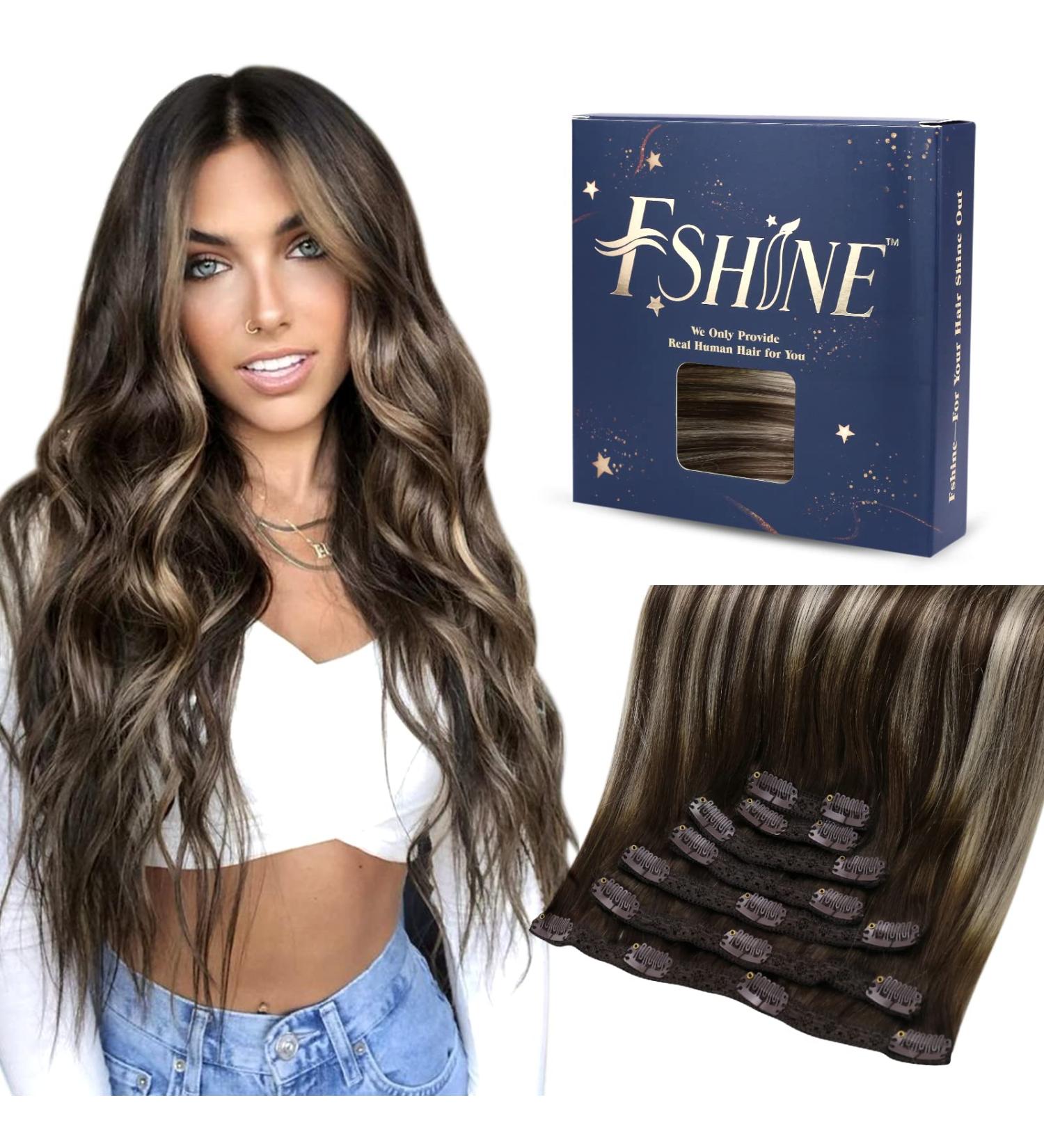 Fshine Clip-In Hair Extensions 40cm | Dark Brown to Platinum Blonde Highlights | 120g Remy Human Hair - 7pcs #2/60/2 - Buy Online on GoSupps.com