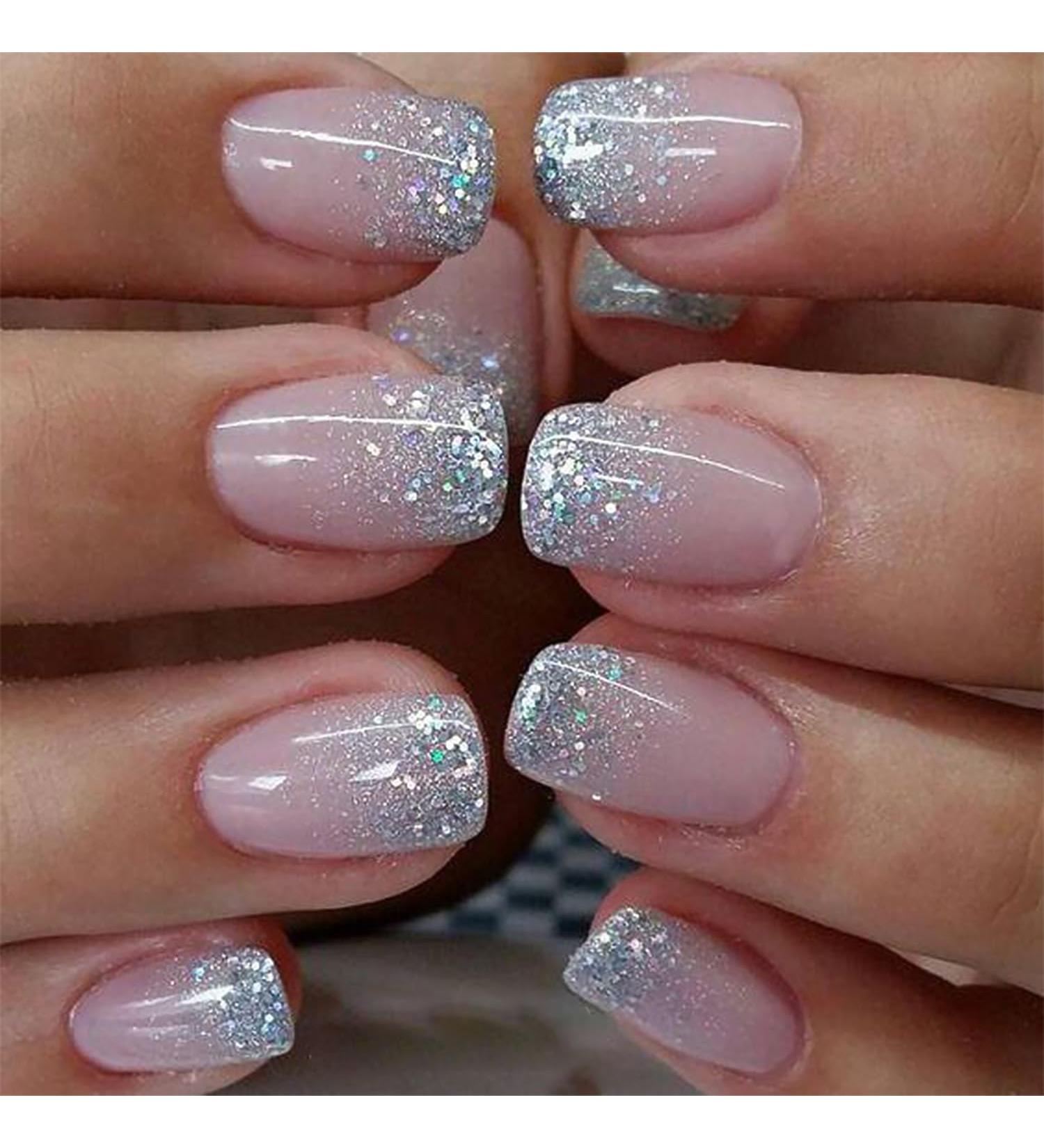Buy 24pcs Glitter Powder Press on Nails - Short Square False Nails with Silver White French Tip - Full Cover Acrylic Nails for Women & Girls - Buy Online on GoSupps.com