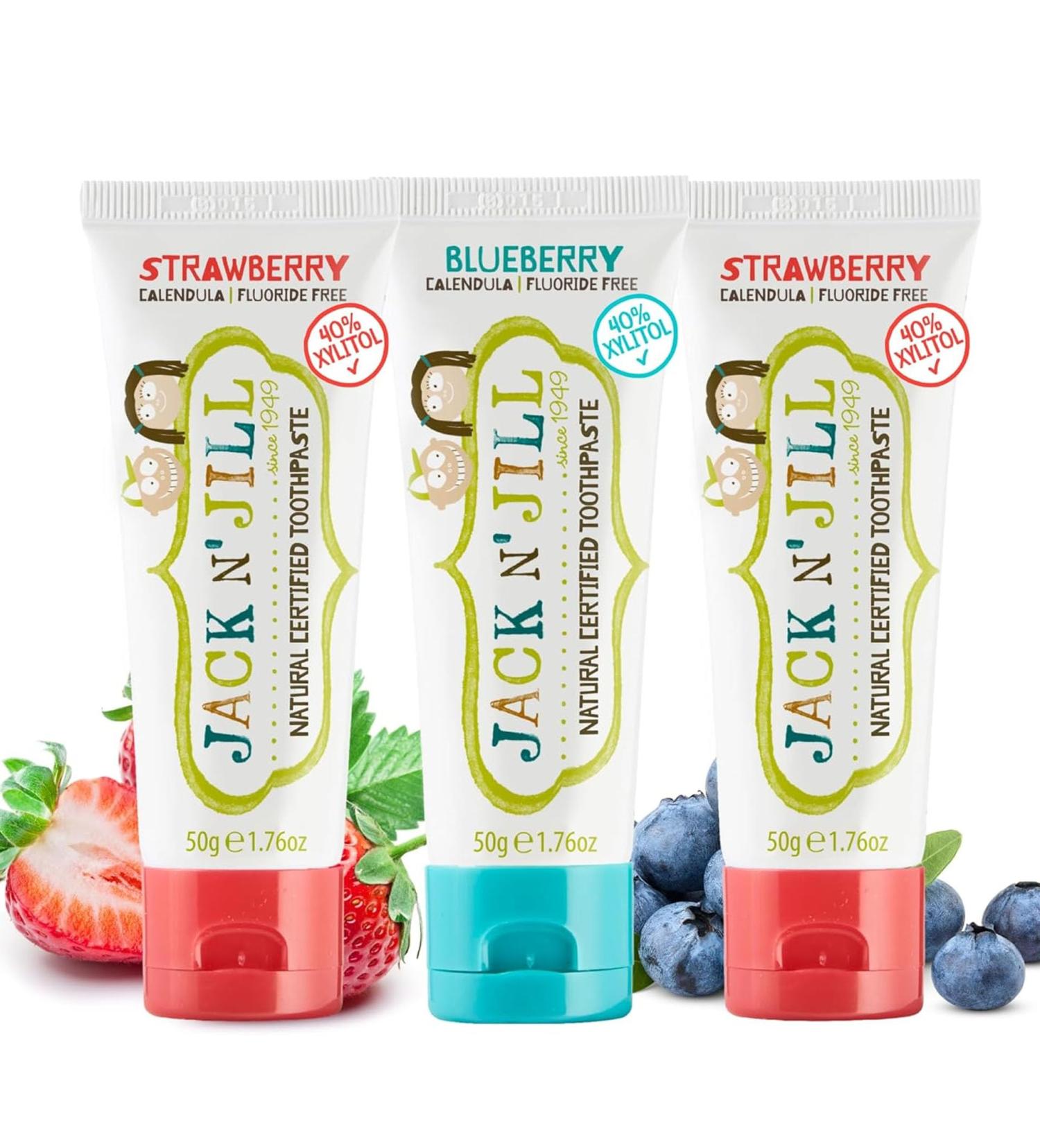  Jack N' Jill Jack N' Jill Certified Natural Toothpaste Toothpaste for babies and toddlers fluoride-free 40% xylitol organic safe for ages 6 months and up makes brushing fun strawberry 2 x 50g - Buy Online on GoSupps.com