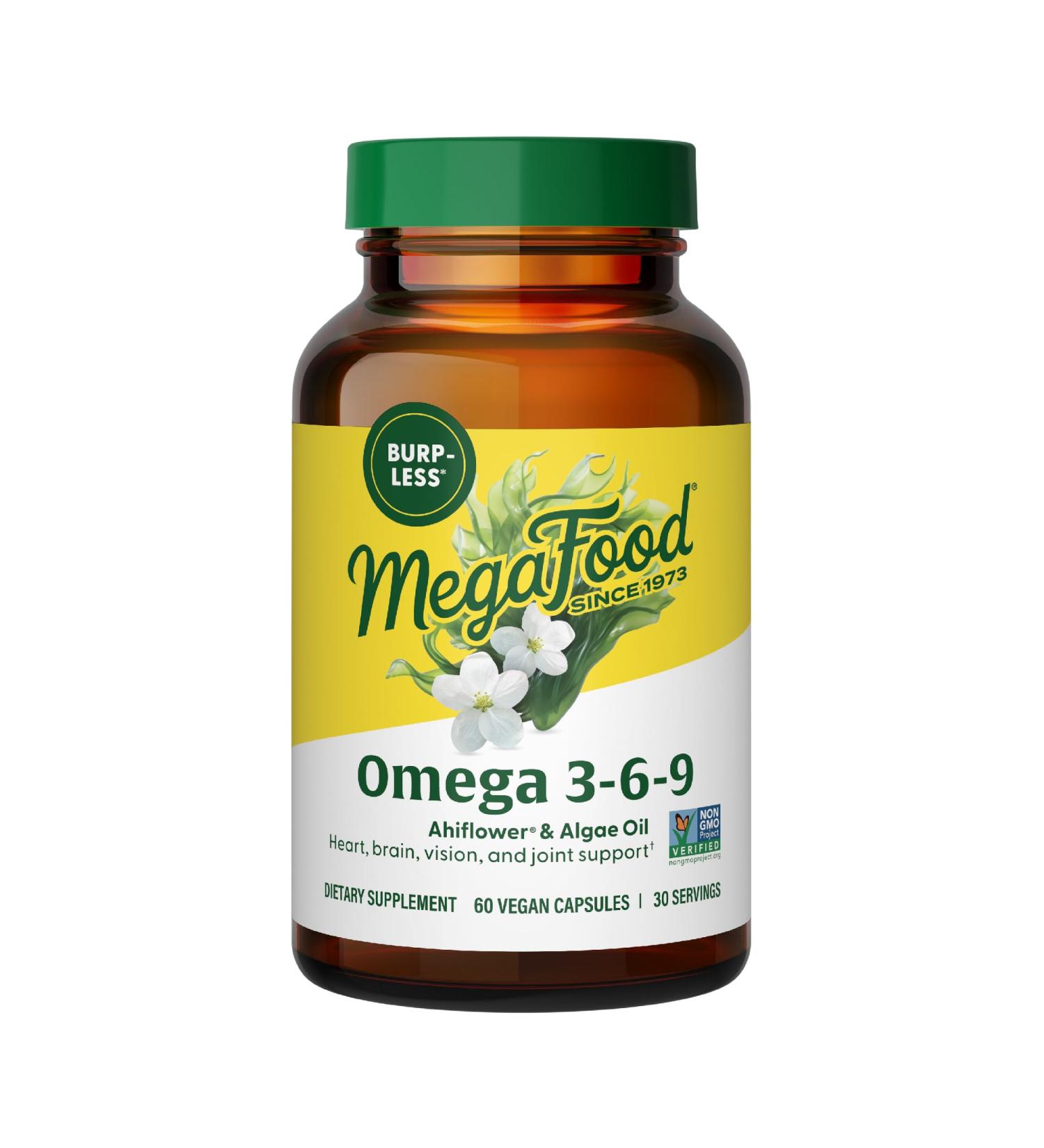 MegaFood Vegan Omega 3 6 9 - Burp-Less Supplement - 600 mg Plant-Based Omega 3 & 150 mg DHA Per Serving - Heart Brain Vision & Joint Support - Fish Oil Alternative - 60 Capsules 30 Servings - Buy Online on GoSupps.com