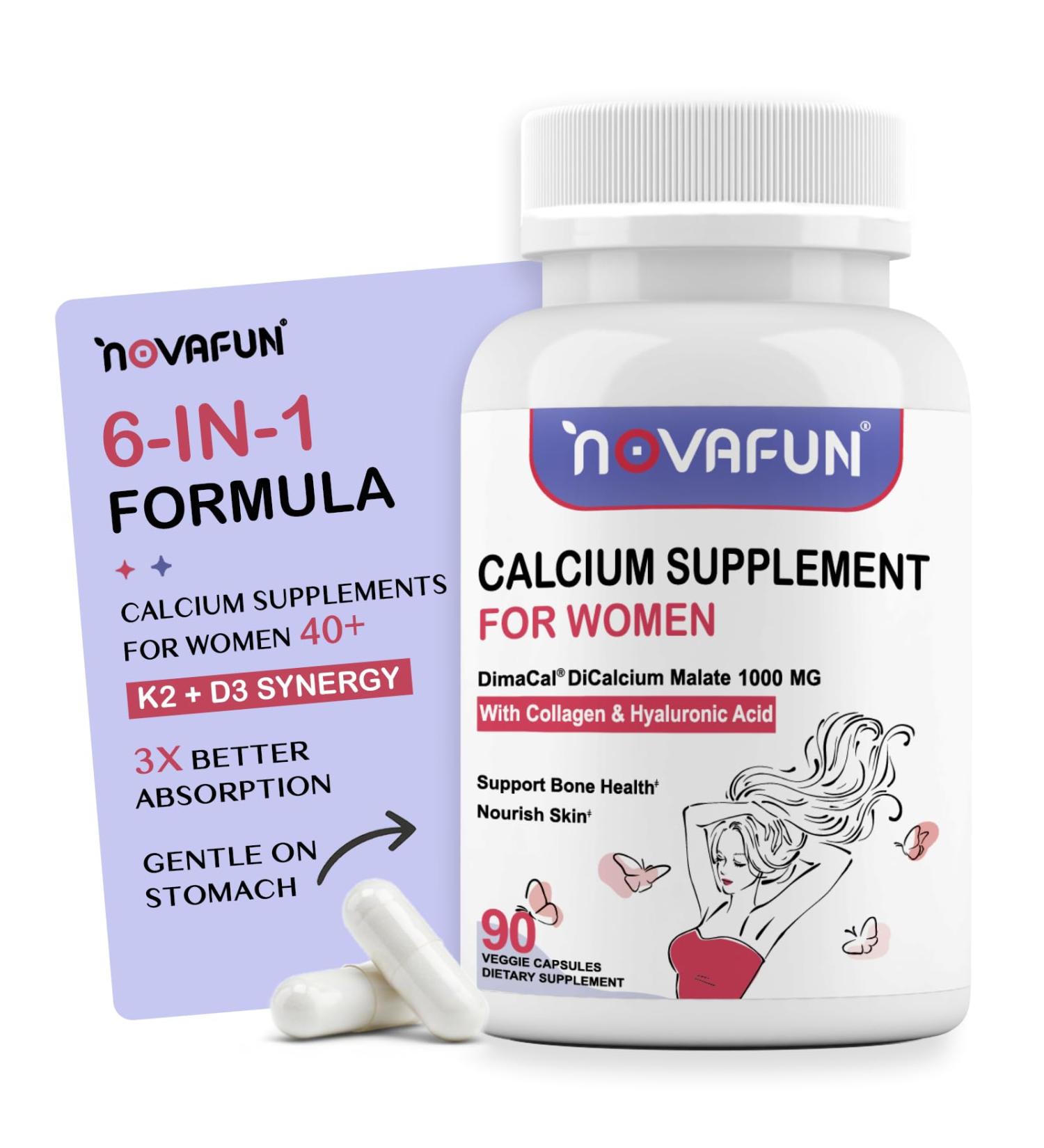 Novafun Calcium Supplements for Women - 1000mg High Absorption Dicalcium Malate with Vitamin D3, K2, Magnesium, Collagen & Hyaluronic Acid - Bone & Skin Support, 90 Veggie Capsules - Buy Online on GoSupps.com