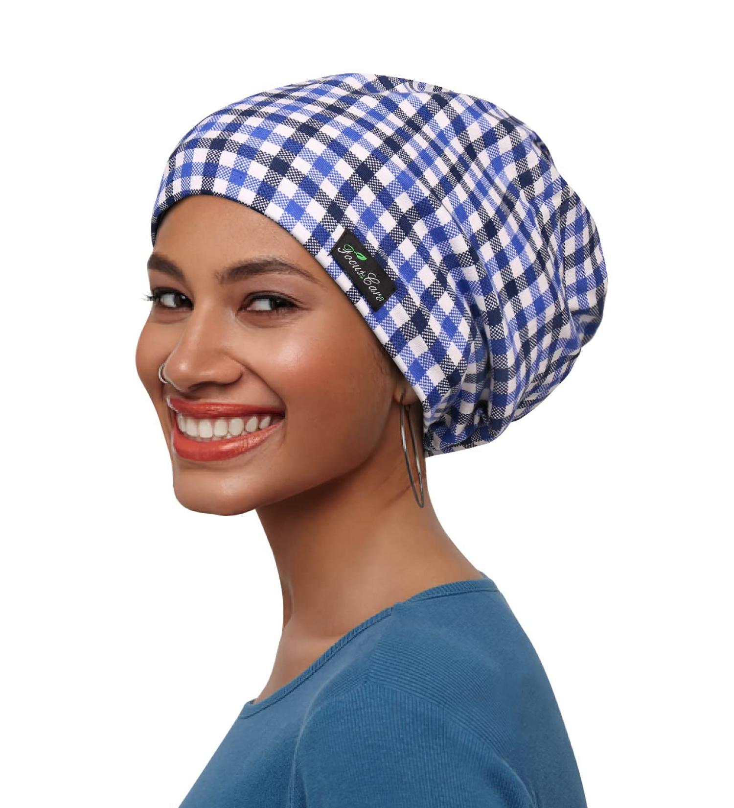 Breathable Blue White Elastic Sleep Caps with Satin Lining for Frizzy Hair - International Shipping Available - Buy Online on GoSupps.com
