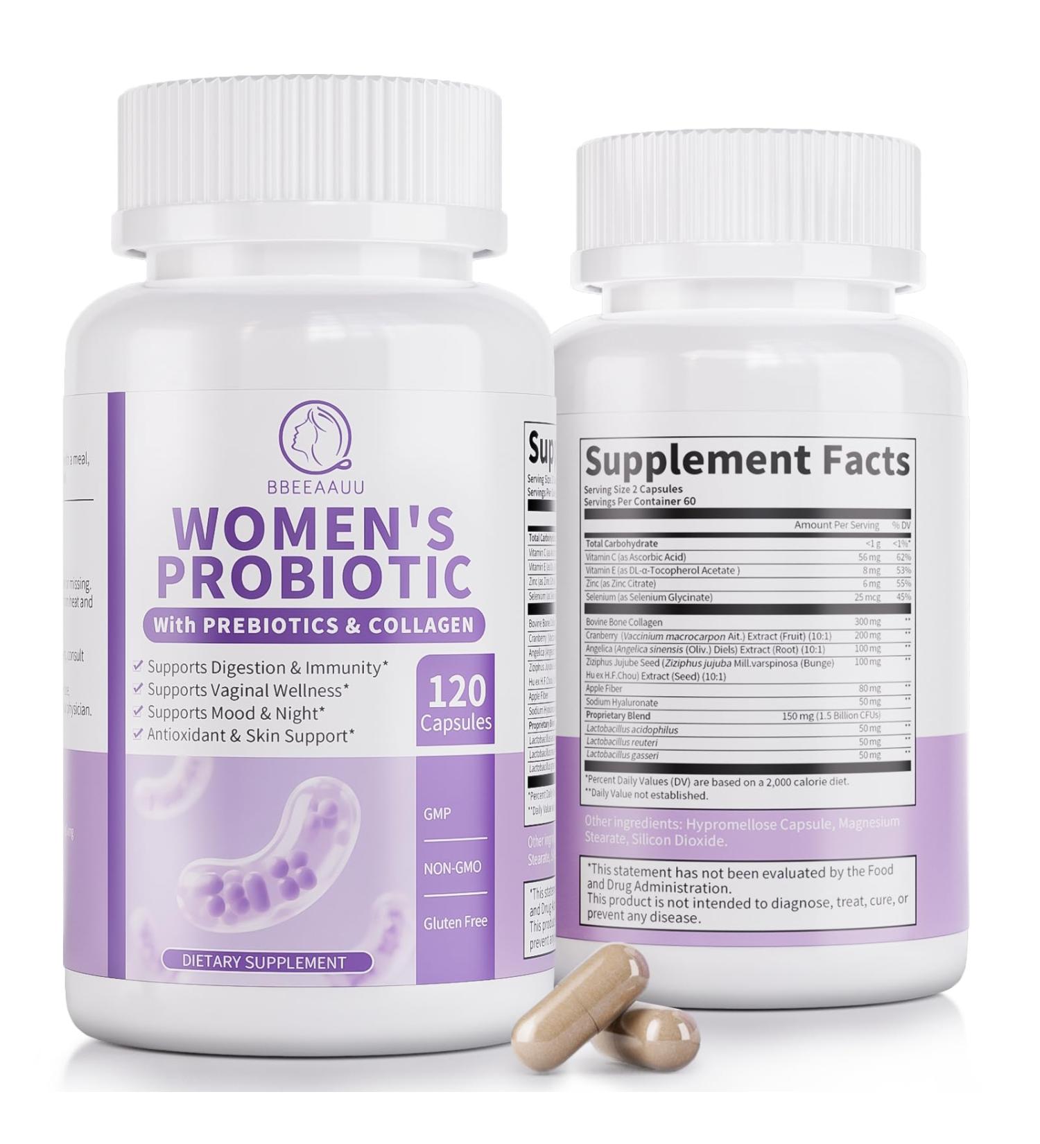 Women's Probiotics for Vaginal* pH Balance with Lactobacillus & Prebiotics & Collagen & Cranberry Womens Probiotic for Vagina* Digestion* & Immunity* Gluten Free 120 Capsules 120 Count (Pack of 1) - Buy Online on GoSupps.com